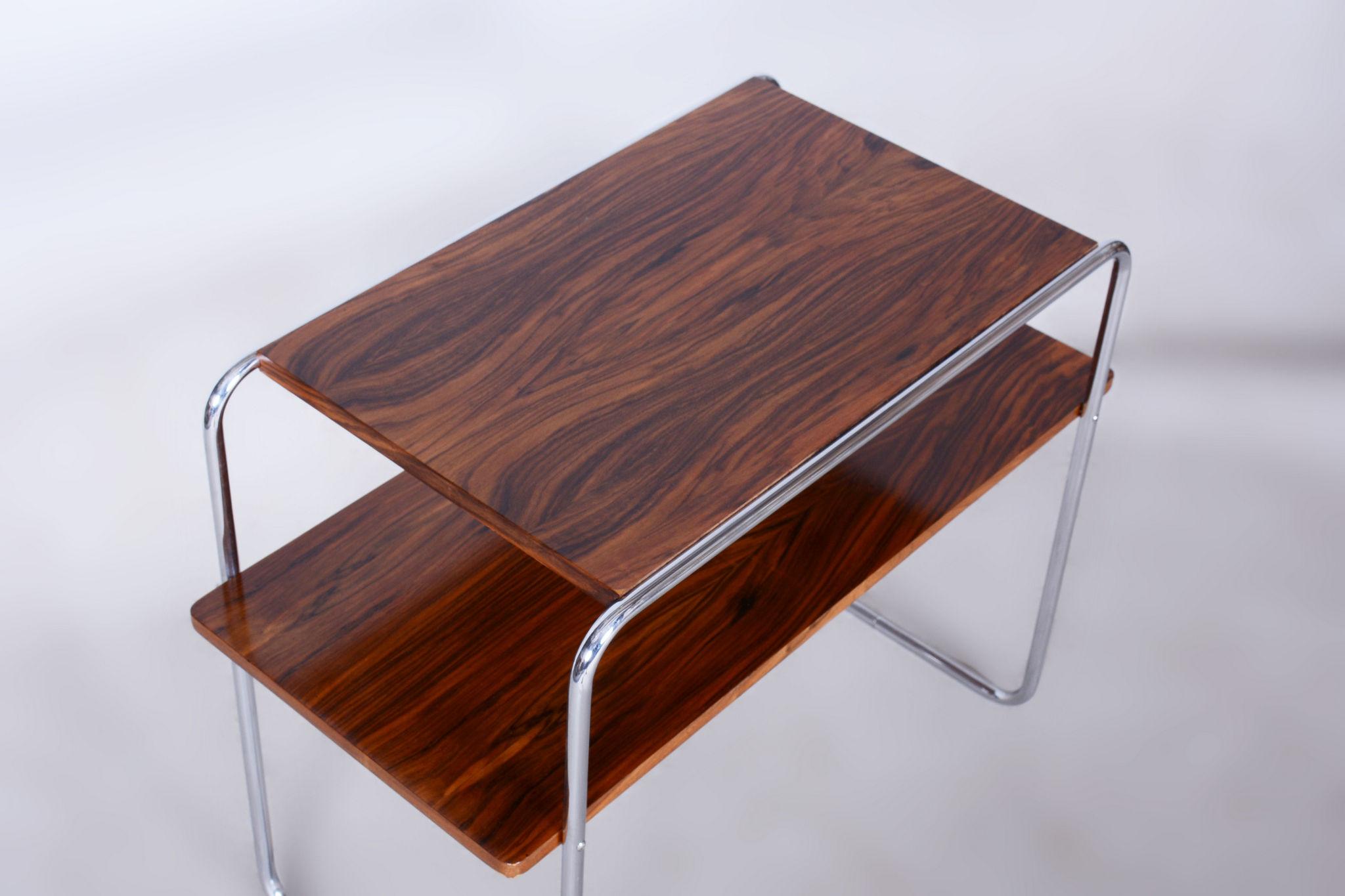 Wood Restored Bauhaus Side Table, Hynek Gottwald, Walnut, Chrome, Czechia, 1930s For Sale
