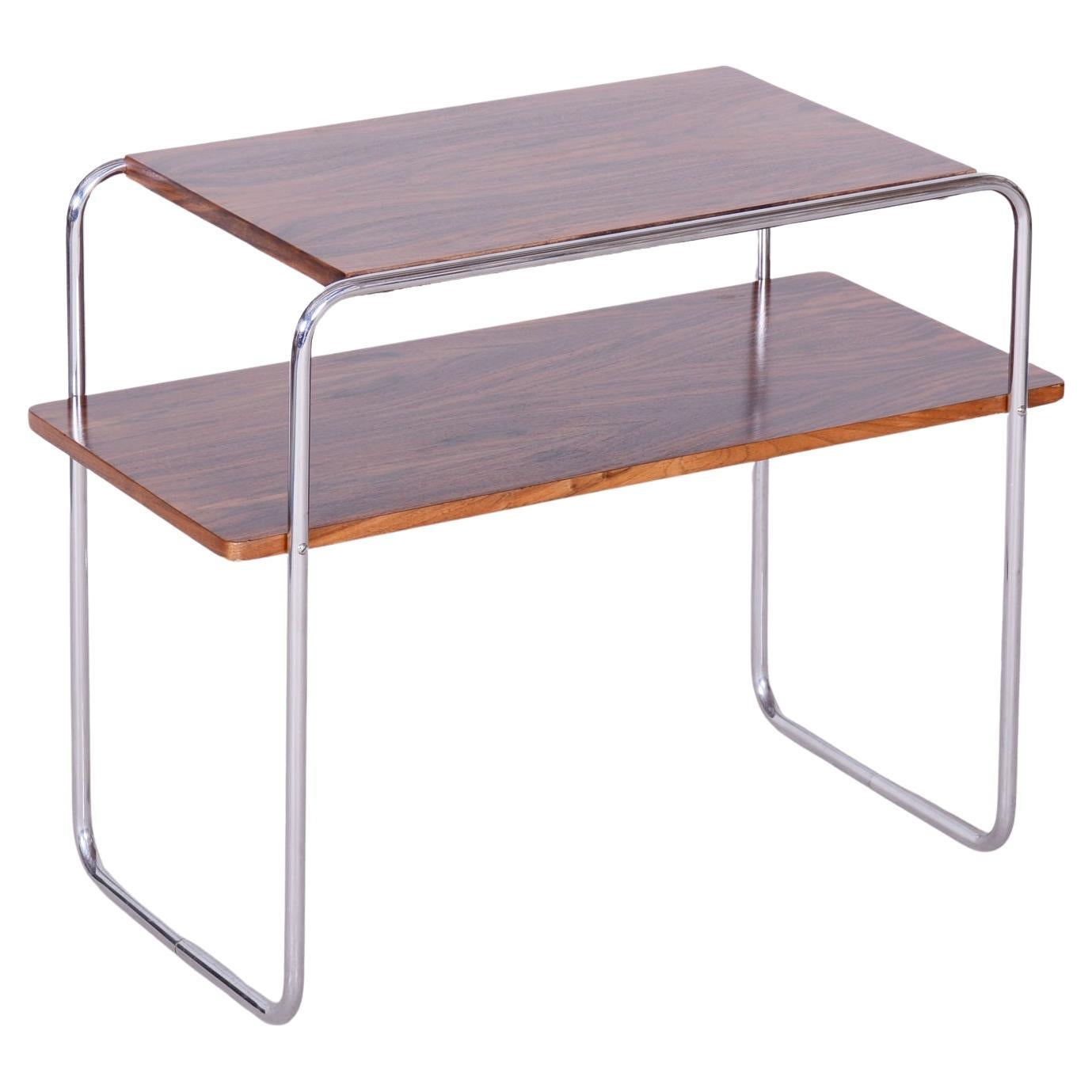 Restored Bauhaus Side Table, Hynek Gottwald, Walnut, Chrome, Czechia, 1930s For Sale