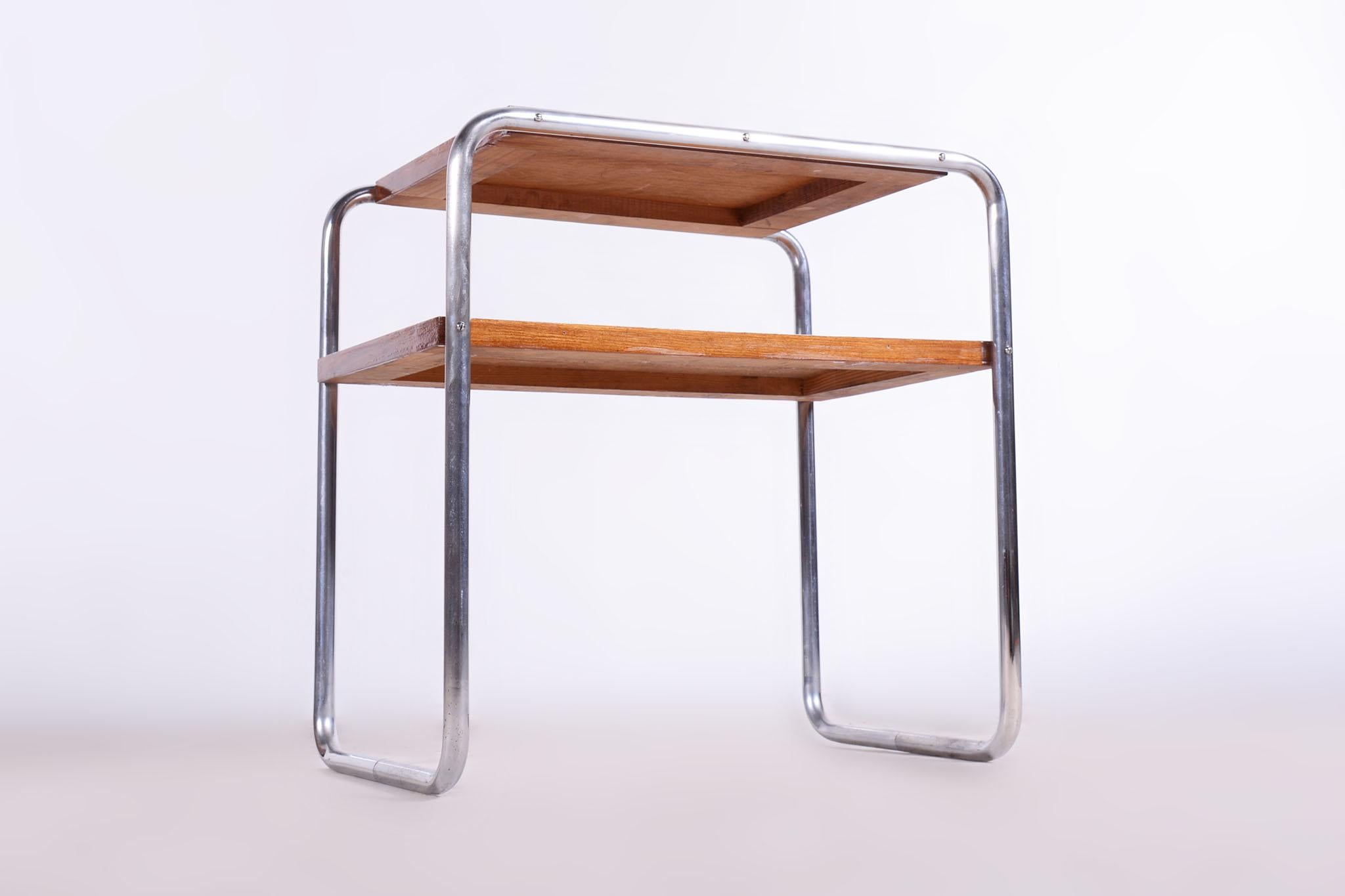 Mid-20th Century Restored Bauhaus Side Table, Oak, Chrome-Plated Steel, Czechia, 1930s For Sale