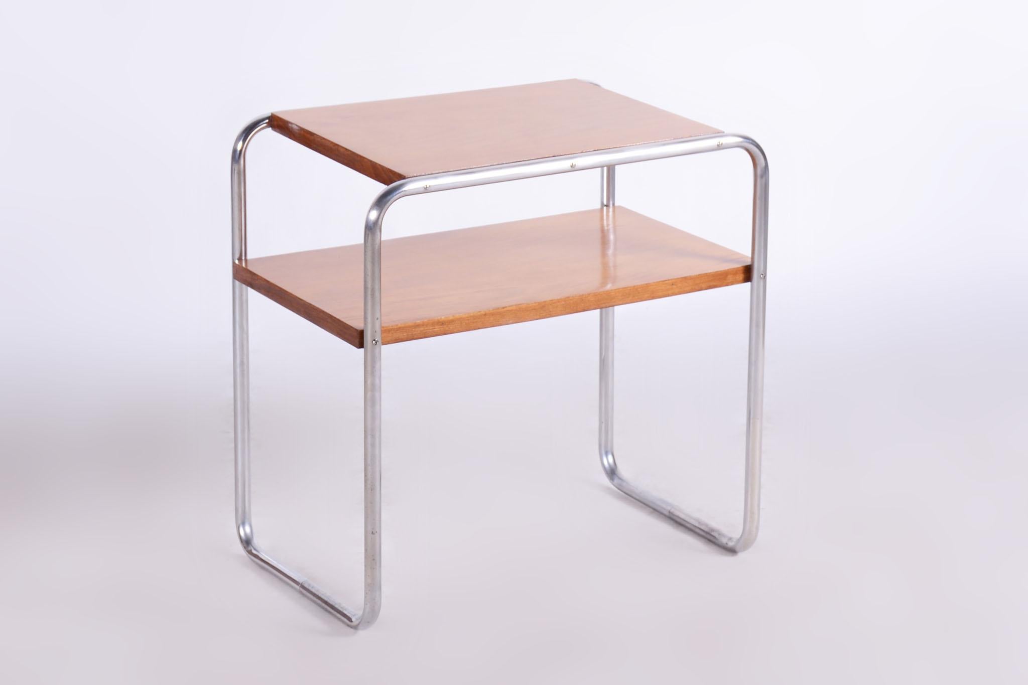 Restored Bauhaus Side Table, Oak, Chrome-Plated Steel, Czechia, 1930s For Sale 1