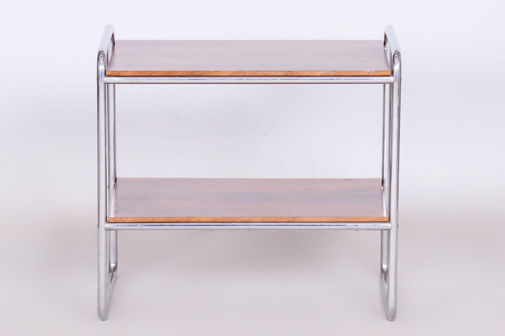 Mid-20th Century Restored Bauhaus Side Table, Walnut, Chrome-Plated Steel, Czech, 1930s For Sale