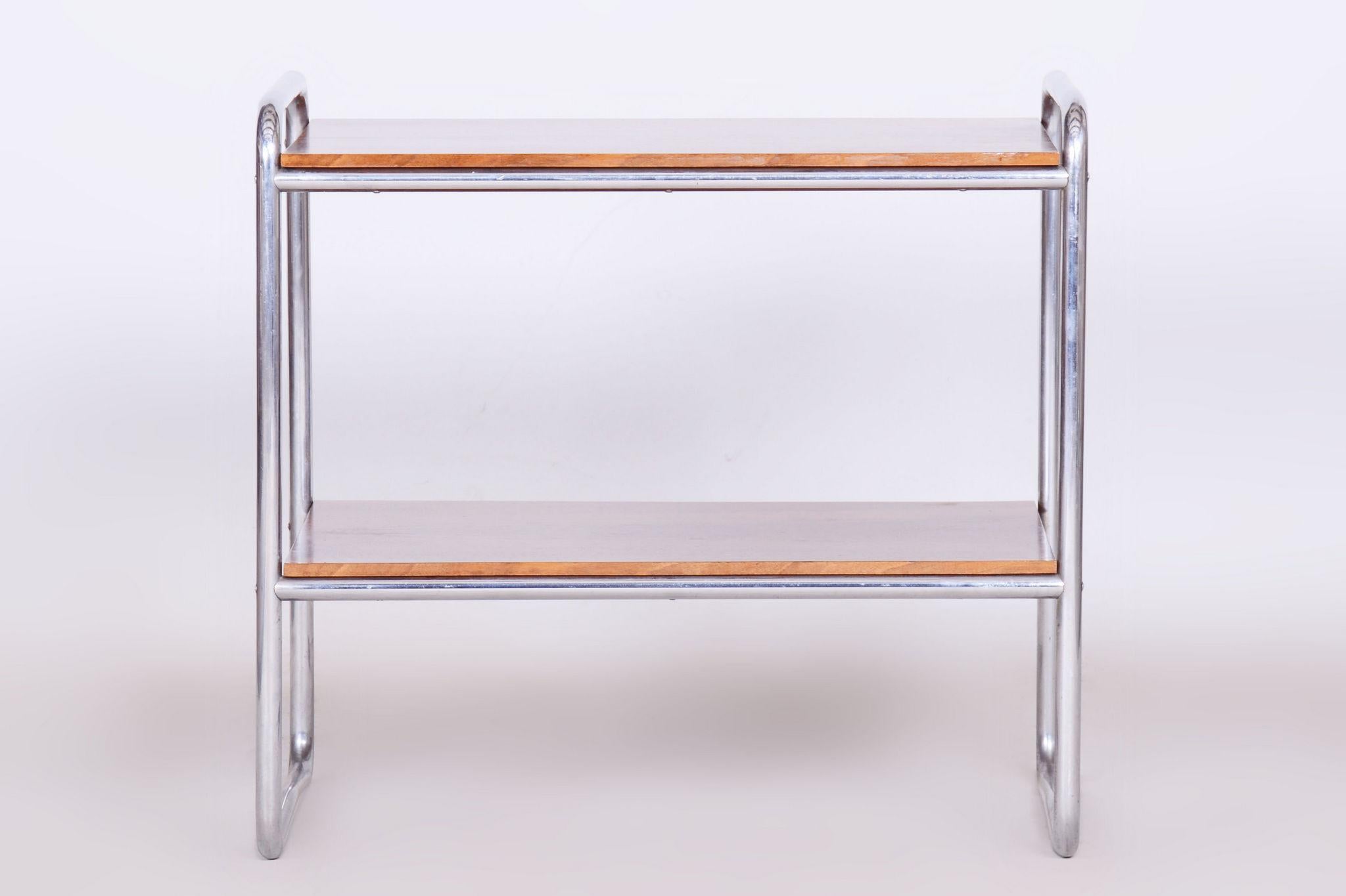 Metal Restored Bauhaus Side Table, Walnut, Chrome-Plated Steel, Czech, 1930s For Sale