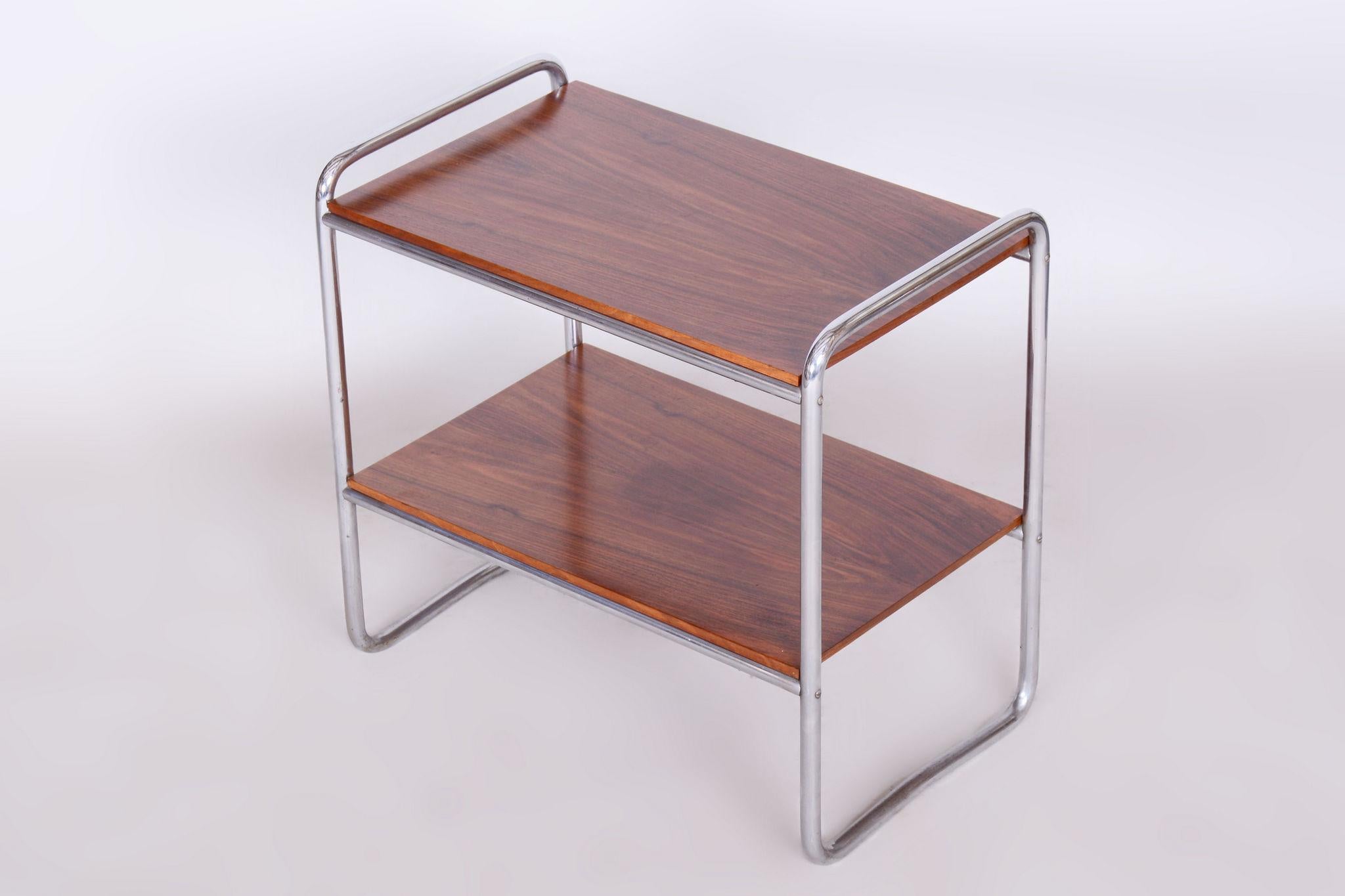 Restored Bauhaus Side Table, Walnut, Chrome-Plated Steel, Czech, 1930s For Sale 2