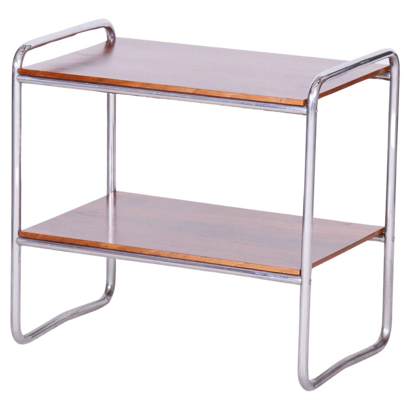 Tavolino Bauhaus restaurato, noce, acciaio cromato, ceco, anni '30