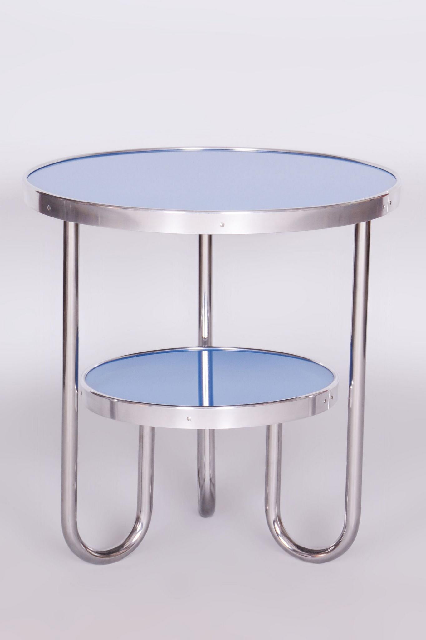 Restored Bauhaus Small Blue Table, Kovona, Chrome, Czechia, 1930s For Sale 3