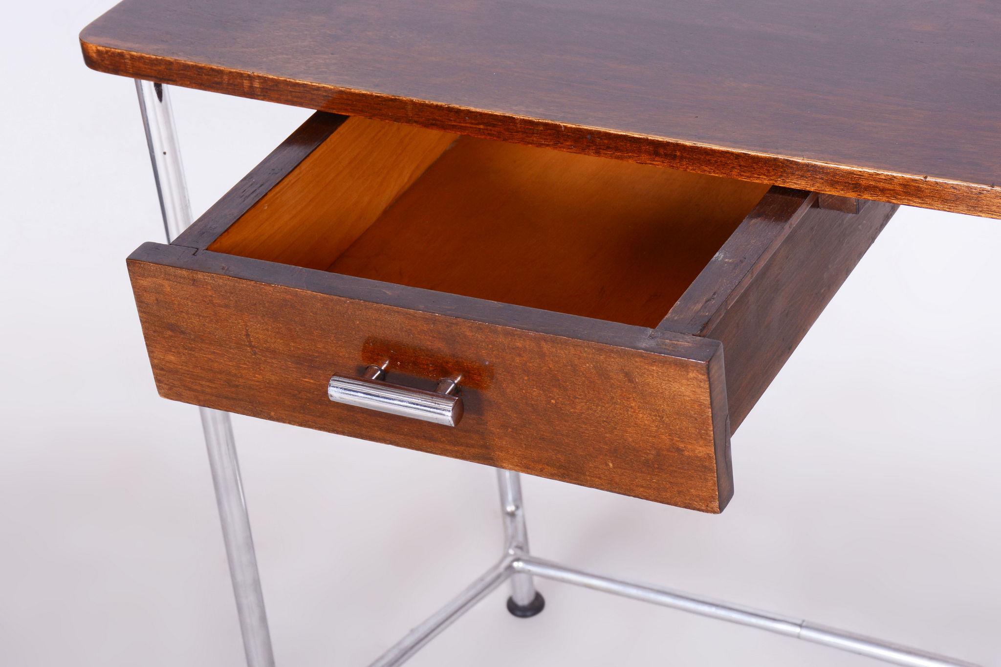 Restored Bauhaus Small Oak Writing Desk, Mücke Melder, Chrome, Czechia, 1930s For Sale 3
