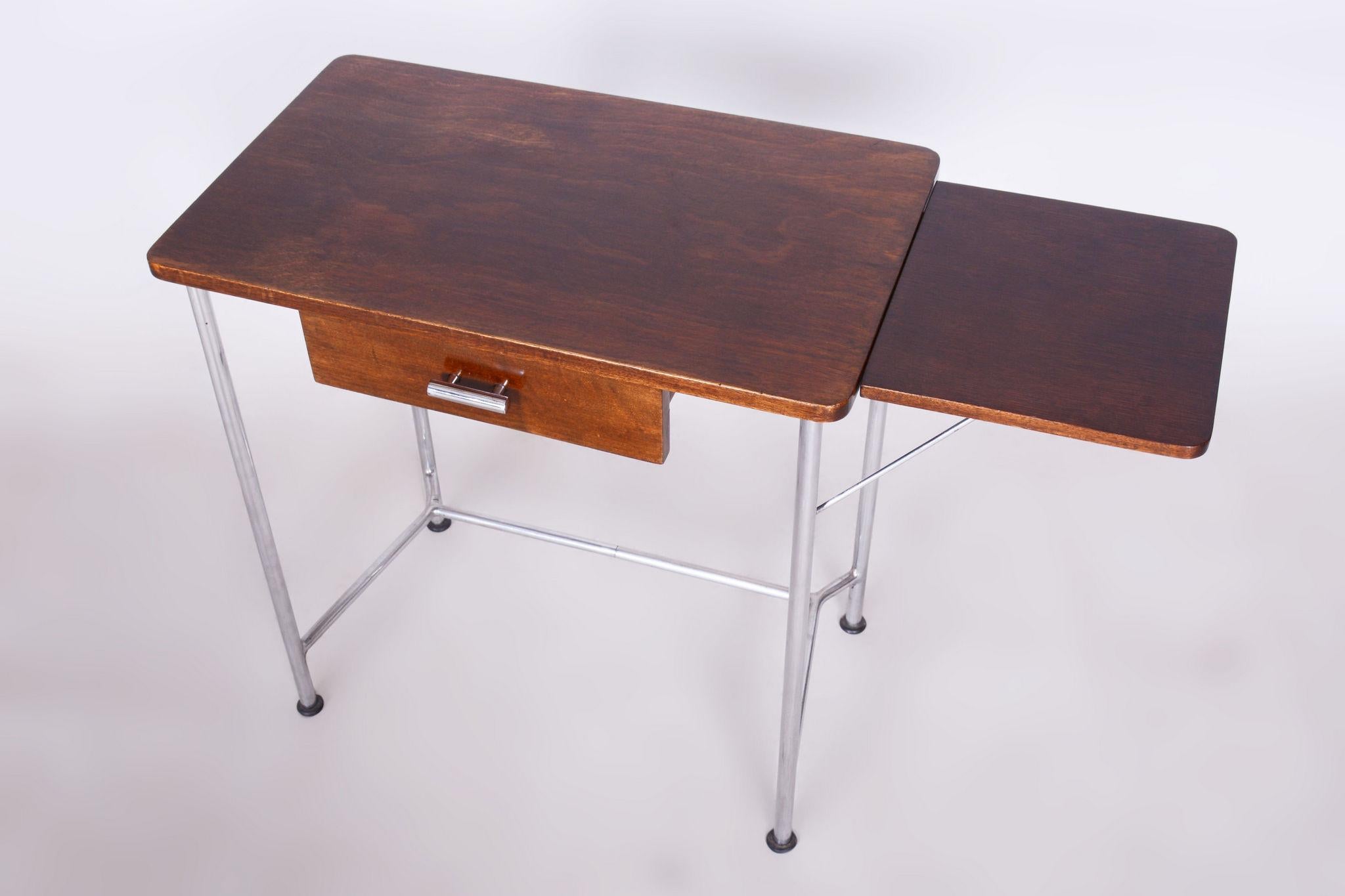 Restored Bauhaus Small Oak Writing Desk, Mücke Melder, Chrome, Czechia, 1930s For Sale 4