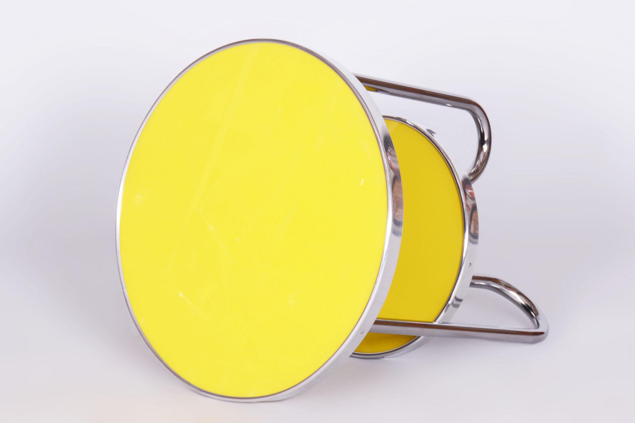 Restored Bauhaus Small Yellow Table Made By Kovona

Period: 1930-1939
Source: Czechia (Czechoslovakia)
Material: Chrome-Plated Steel, Spruce Wood, Glass

Made by Kovona, a renowned Czech manufacturer and dealer from the 20th century.

The chrome