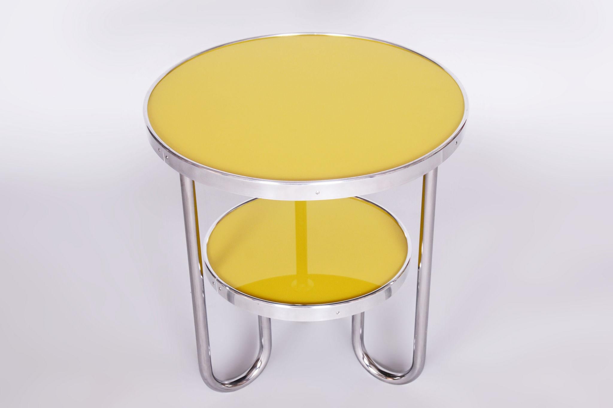 Mid-20th Century Restored Bauhaus Small Yellow Table, Kovona, Chrome, Czechia, 1930s For Sale