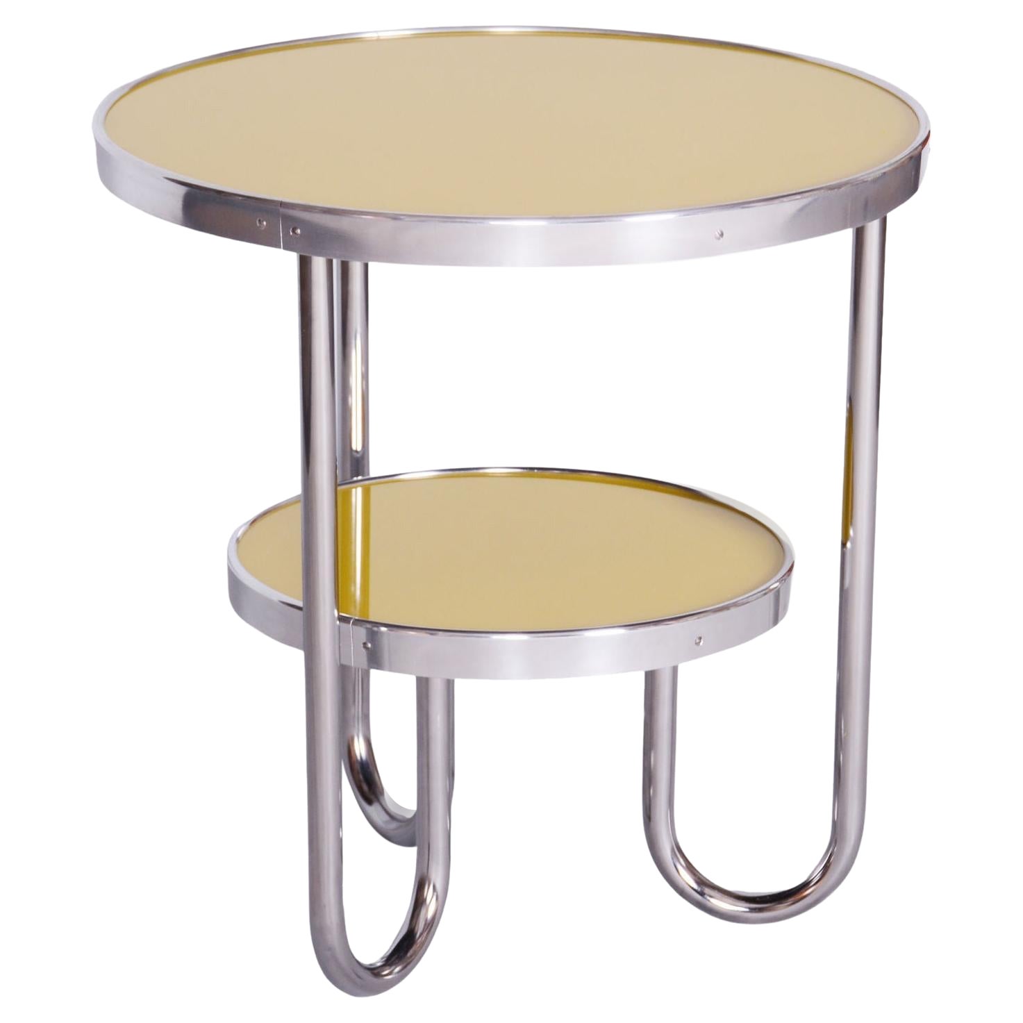 Pequeña mesa amarilla Bauhaus restaurada, Kovona, cromo, Chequia, años 30