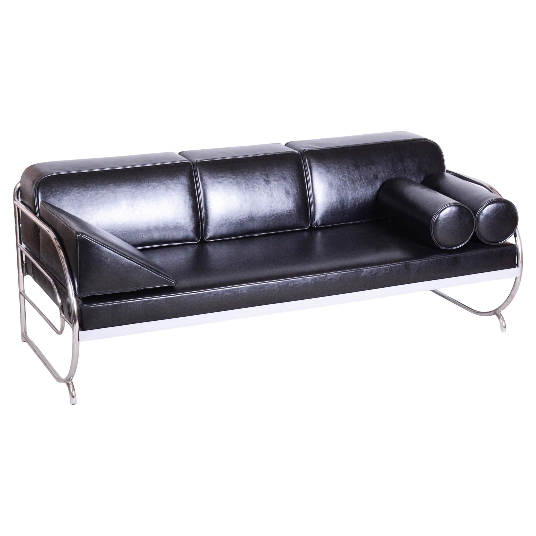 Restored Bauhaus Sofa, by Robert Slezak, Chrome, Leather, Czech, 1930s