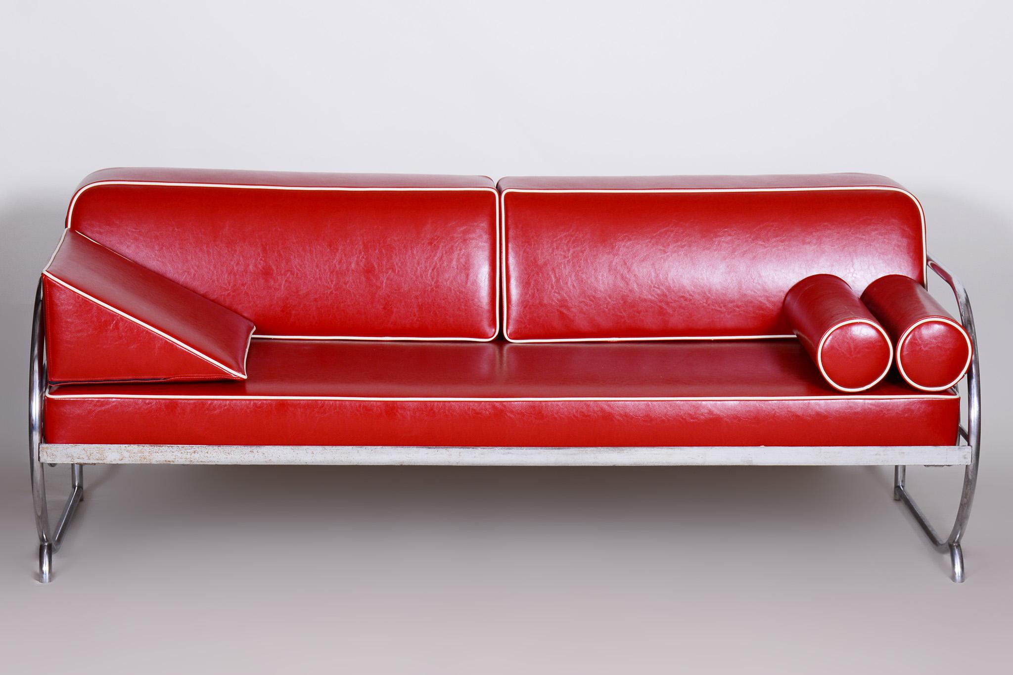 Czech Restored Bauhaus Sofa by Robert Slezak, High-Quality Leather, Chrome, 1930s For Sale
