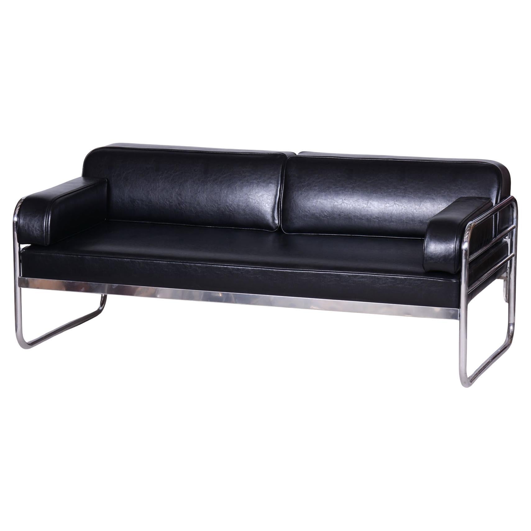 Restored Bauhaus Sofa, by Vichr a Spol., Chrome, Leather, Czech, 1930s