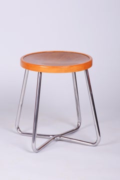 Restored Bauhaus Stool, by Mücke-Melder, Beech, Chrome, Polished, Czech, 1930s