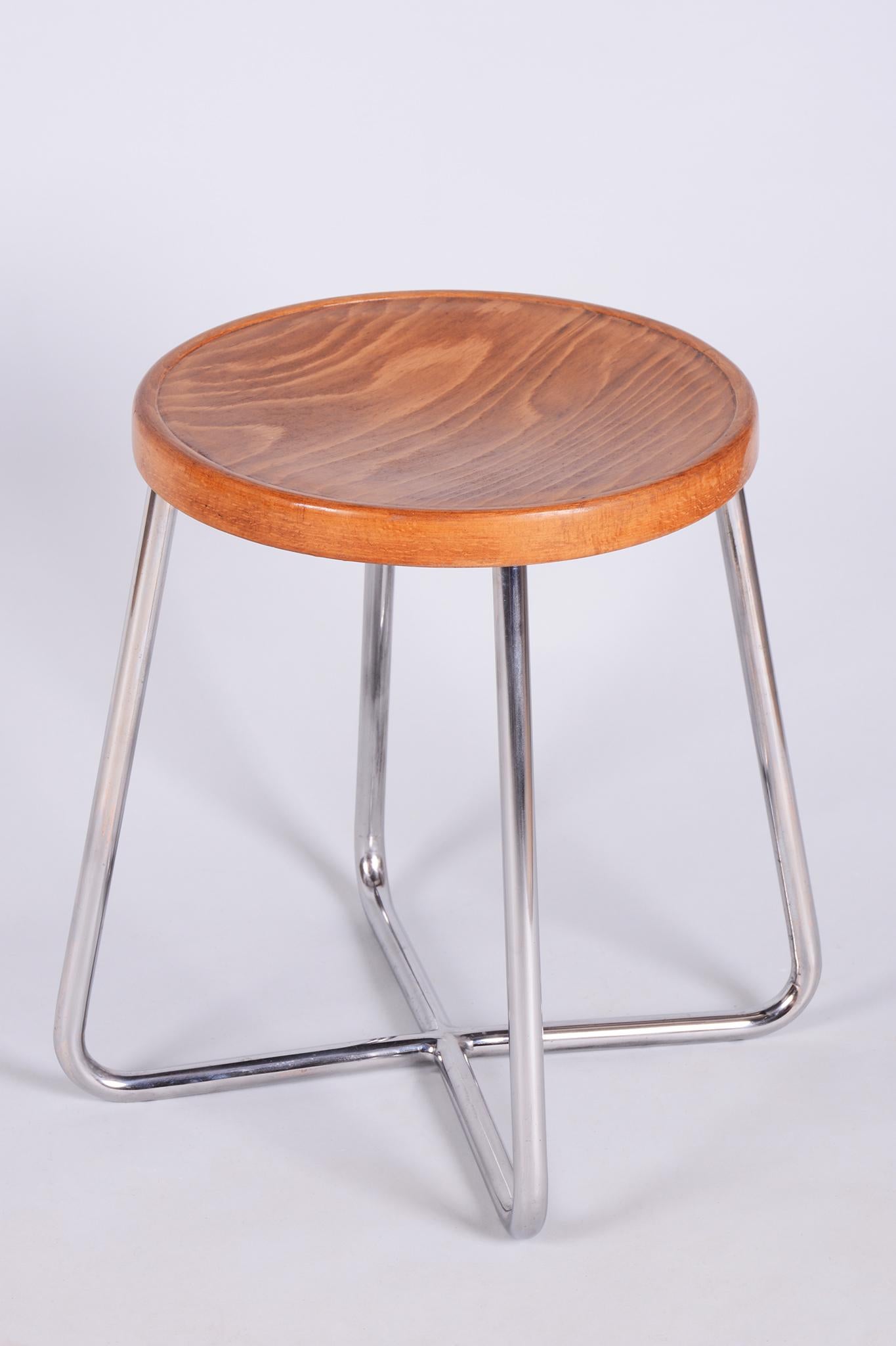 Restored Bauhaus Stool, by Mücke-Melder, Beech, Chrome, Polished, Czech, 1930s For Sale
