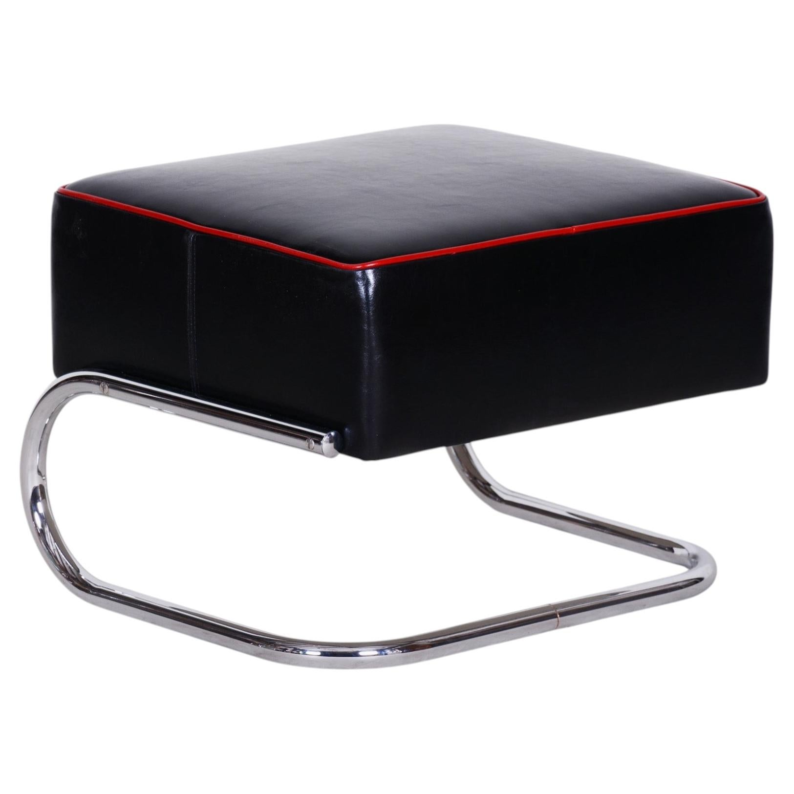 Restored Bauhaus Stool, by R. Slezák, Leather, Chrome-Plated Steel, Czech, 1930s