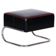 Restored Bauhaus Stool, by R. Slezák, Leather, Chrome-Plated Steel, Czech, 1930s