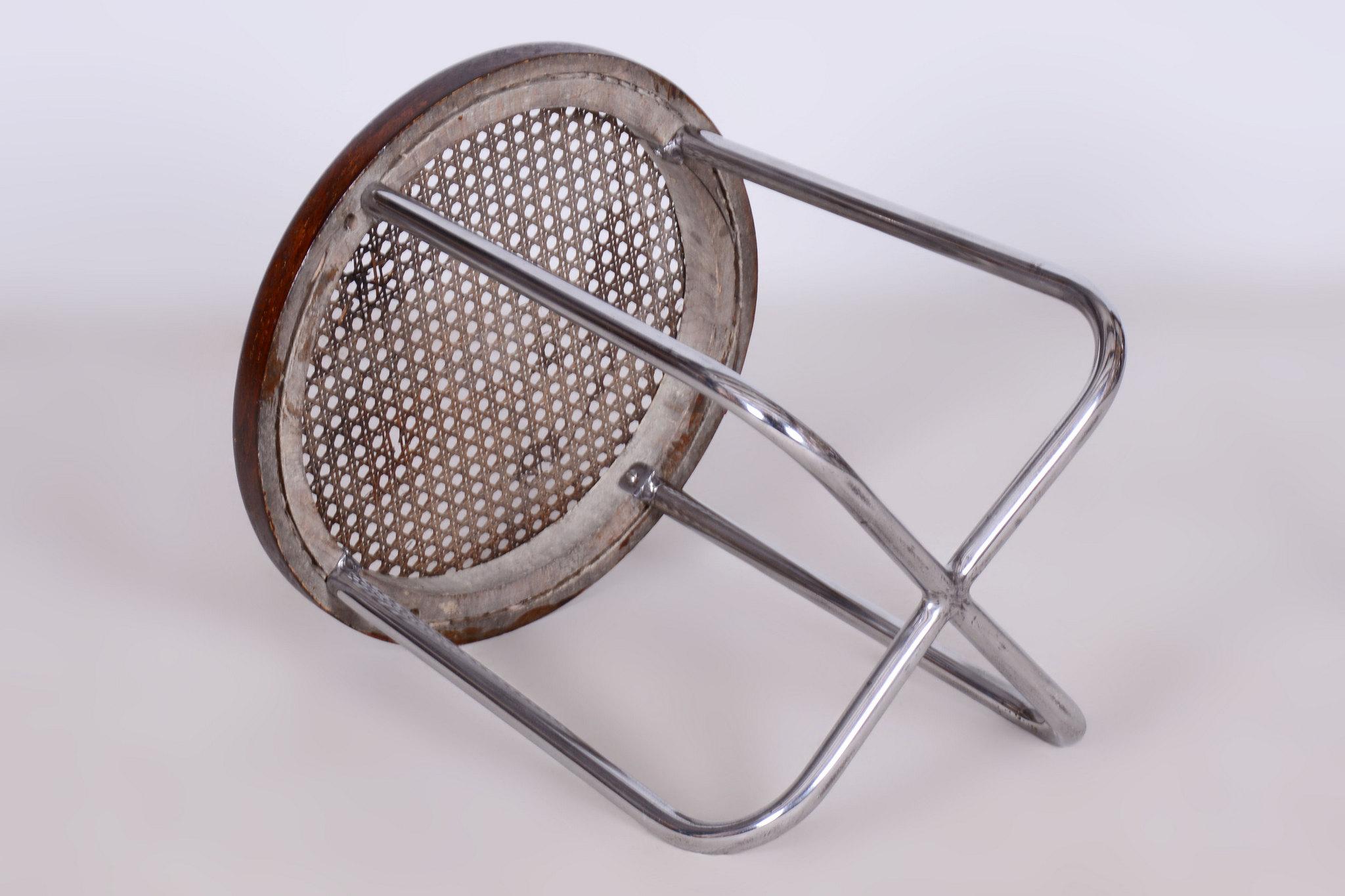 Sgabello Bauhaus restaurato, di Robert Slezák, cromo, rattan, ceco, anni '30 in vendita 4