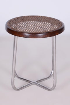 Taburete Bauhaus restaurado, de Robert Slezák, cromo, ratán, checo, años 30