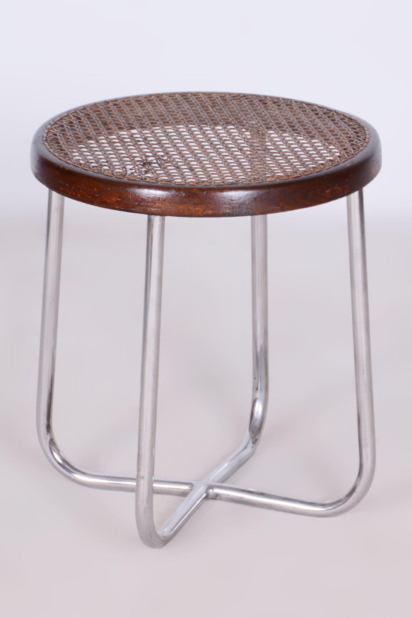 Ceco Sgabello Bauhaus restaurato, di Robert Slezák, cromo, rattan, ceco, anni '30 in vendita