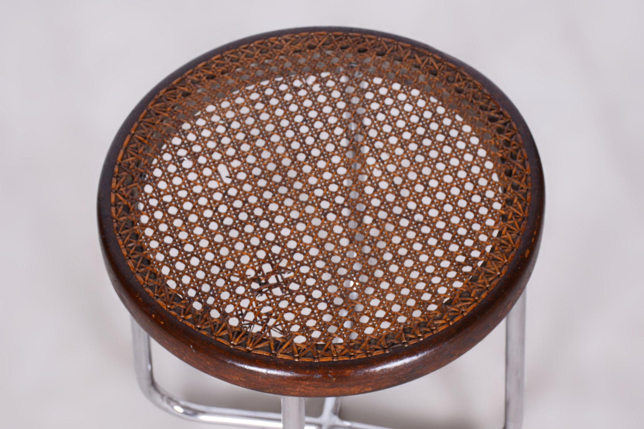 Acciaio Sgabello Bauhaus restaurato, di Robert Slezák, cromo, rattan, ceco, anni '30 in vendita