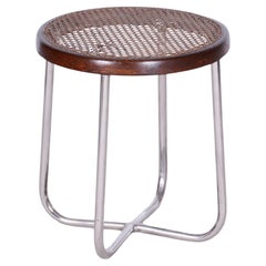Restored Bauhaus Stool, by Robert Slezák, Chrome, Rattan, Czech, 1930s