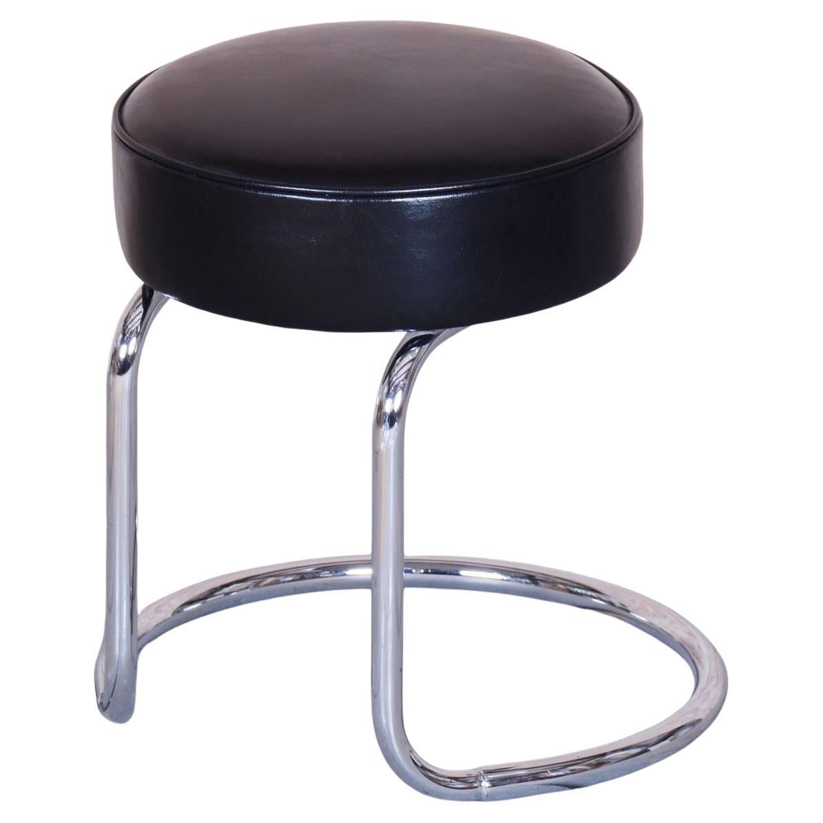 Restored Bauhaus Stool, Chrome-Plated Steel, Leather, Czech, 1950s