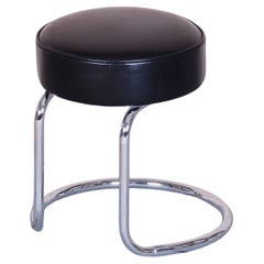 Restored Bauhaus Stool, Chrome-Plated Steel, Leather, Czech, 1950s