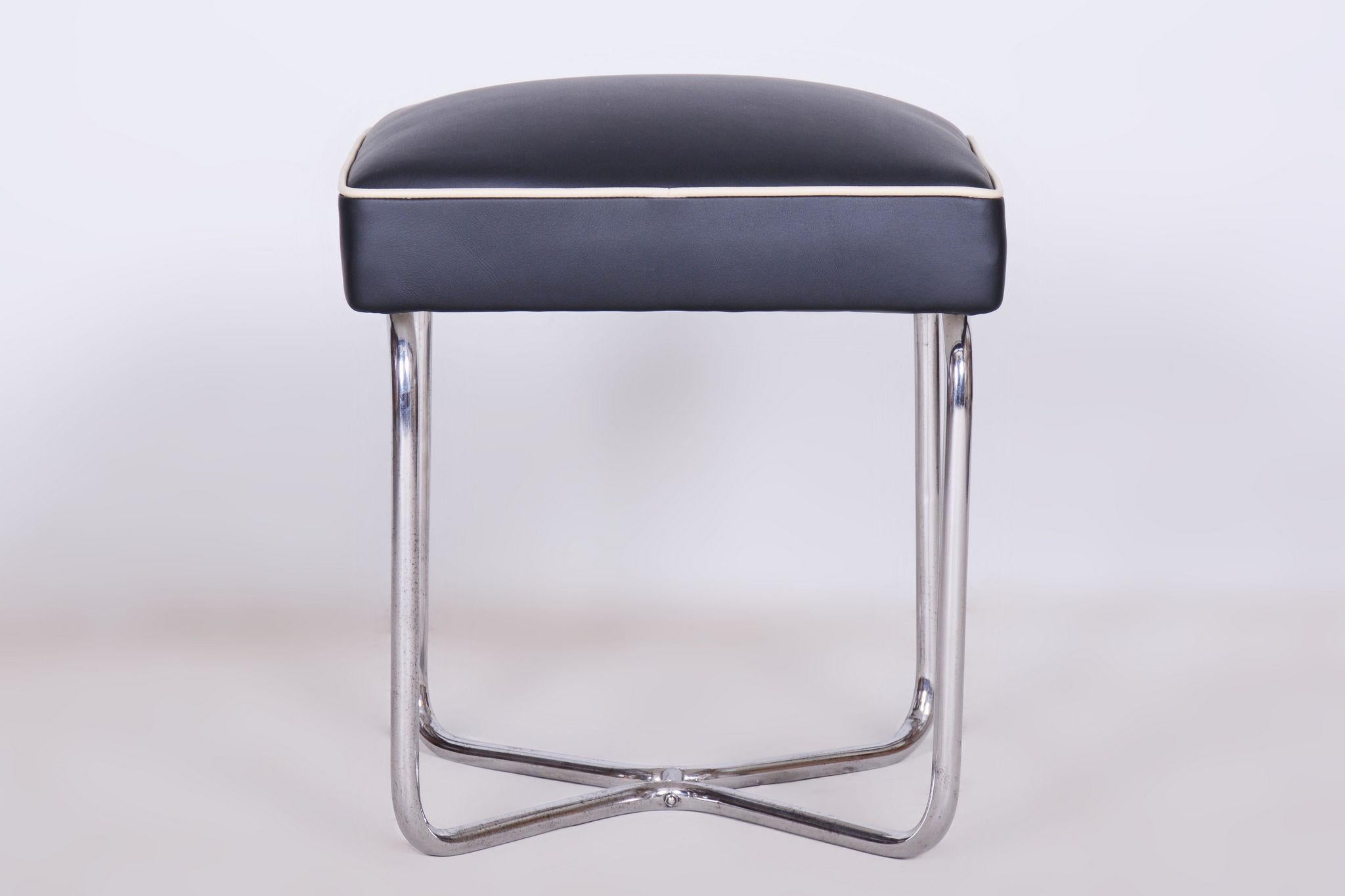 Steel Restored Bauhaus Stool, M. Breuer, Mücke Melder, Chrome, Leather, Czechia, 1930s For Sale