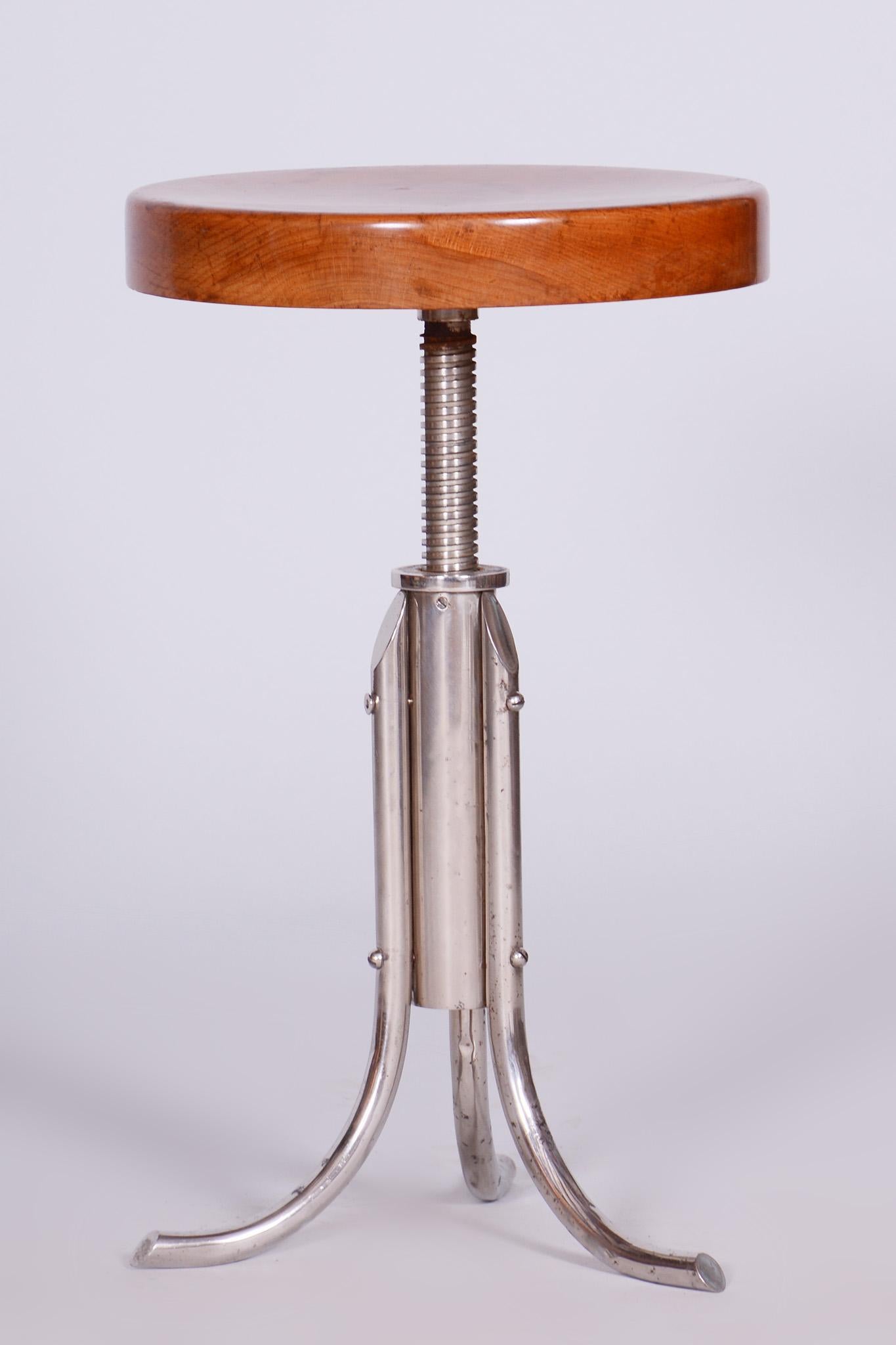 Restored Bauhaus Stool, Mücke Melder, Beech, Chrome-Plated Steel, Czechia, 1930s For Sale 3