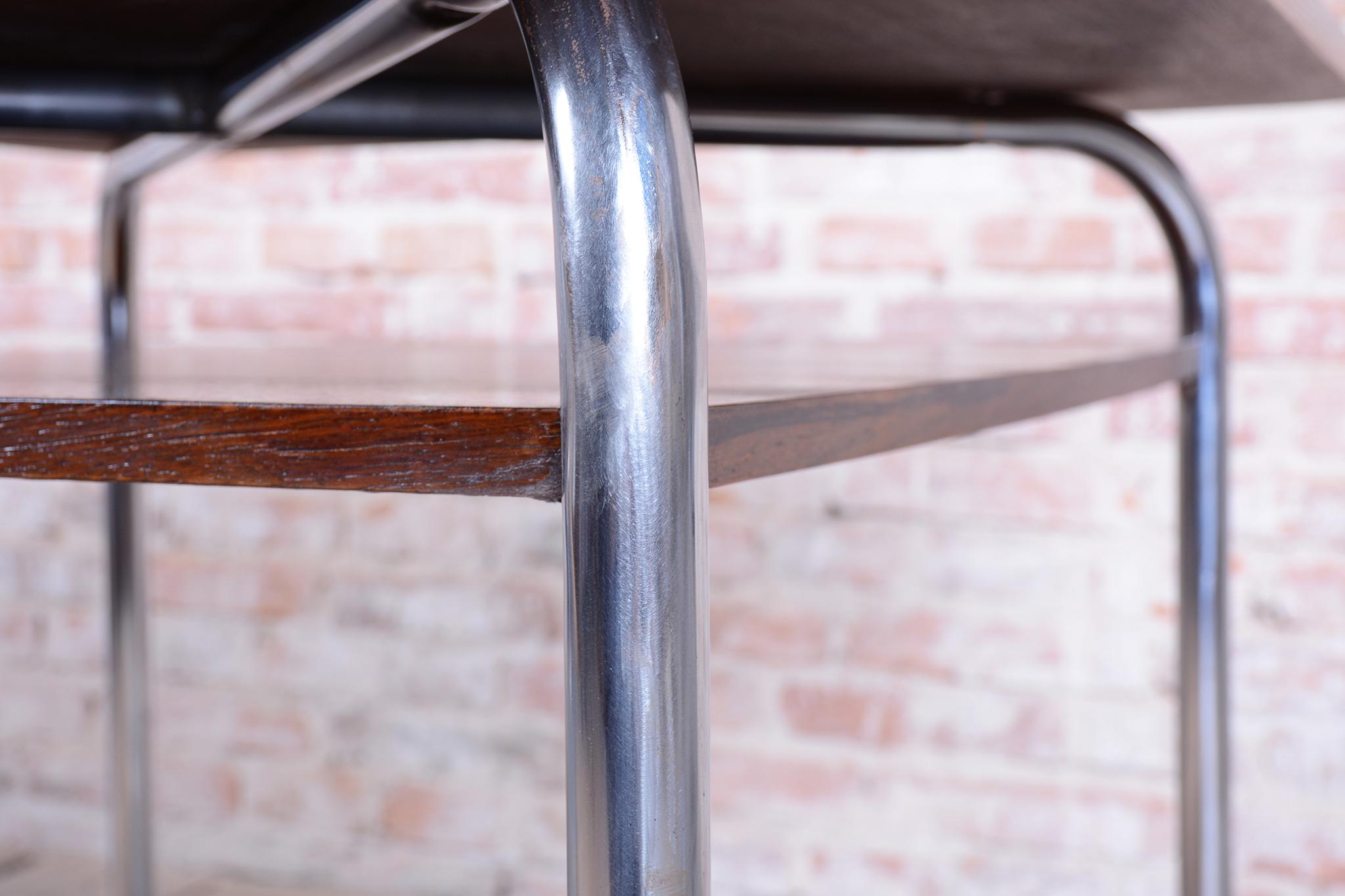 Restored Bauhaus Table, by Vichr a spol., Oak, Chrome, Polished, Czech, 1940s im Angebot 4