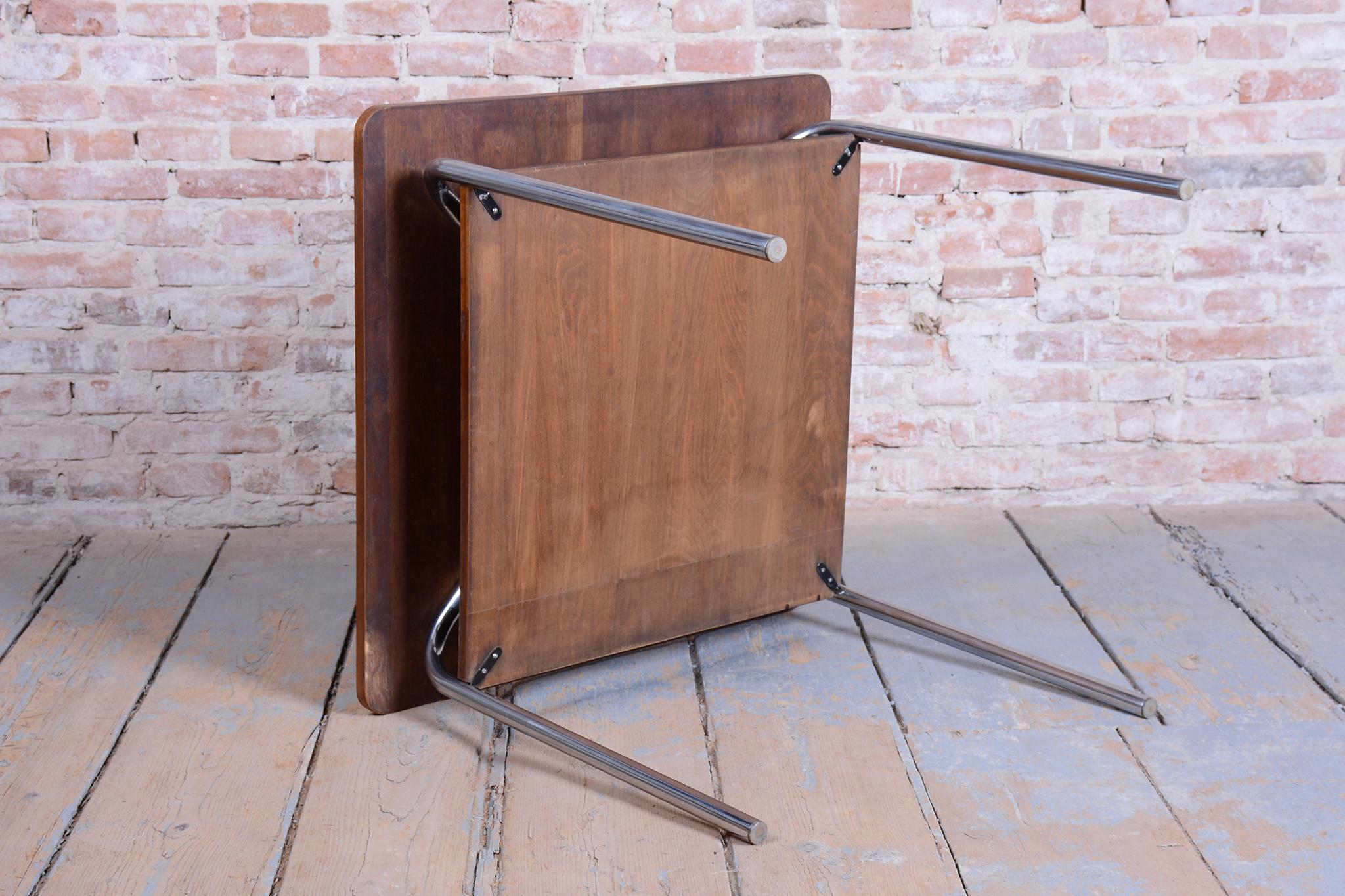 Restored Bauhaus Table, by Vichr a spol., Oak, Chrome, Polished, Czech, 1940s im Angebot 6