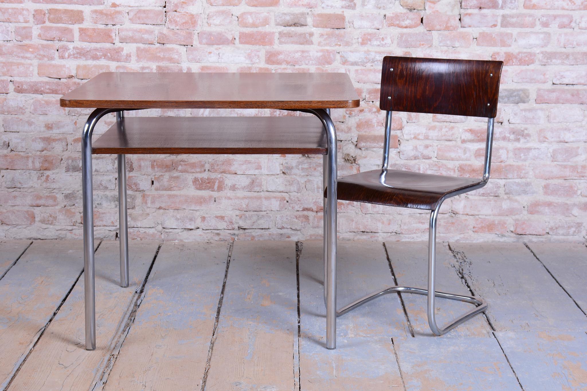 Restored Bauhaus Table, by Vichr a spol., Oak, Chrome, Polished, Czech, 1940s im Angebot 7