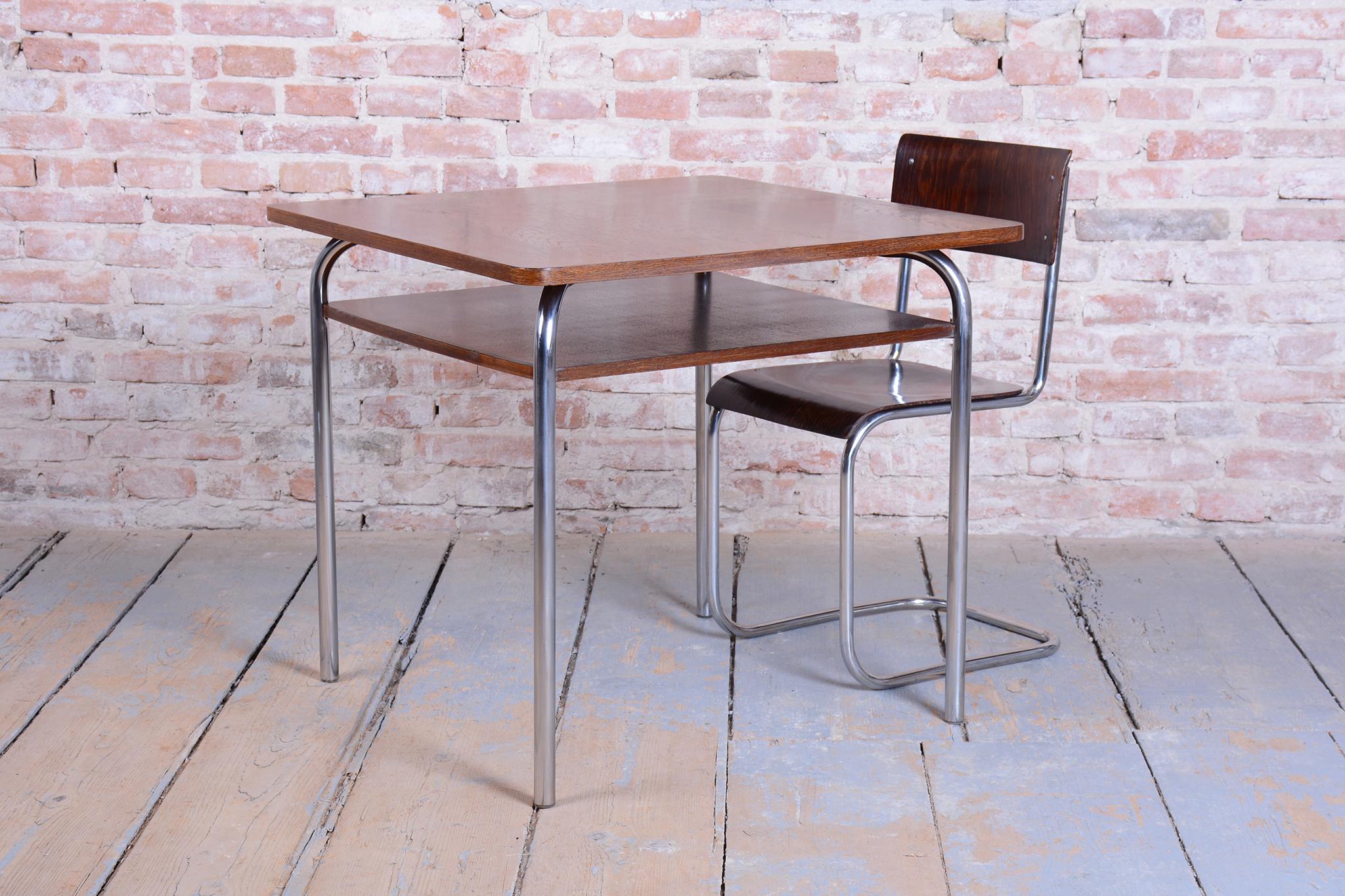 Restored Bauhaus Table, by Vichr a spol., Oak, Chrome, Polished, Czech, 1940s im Angebot 8