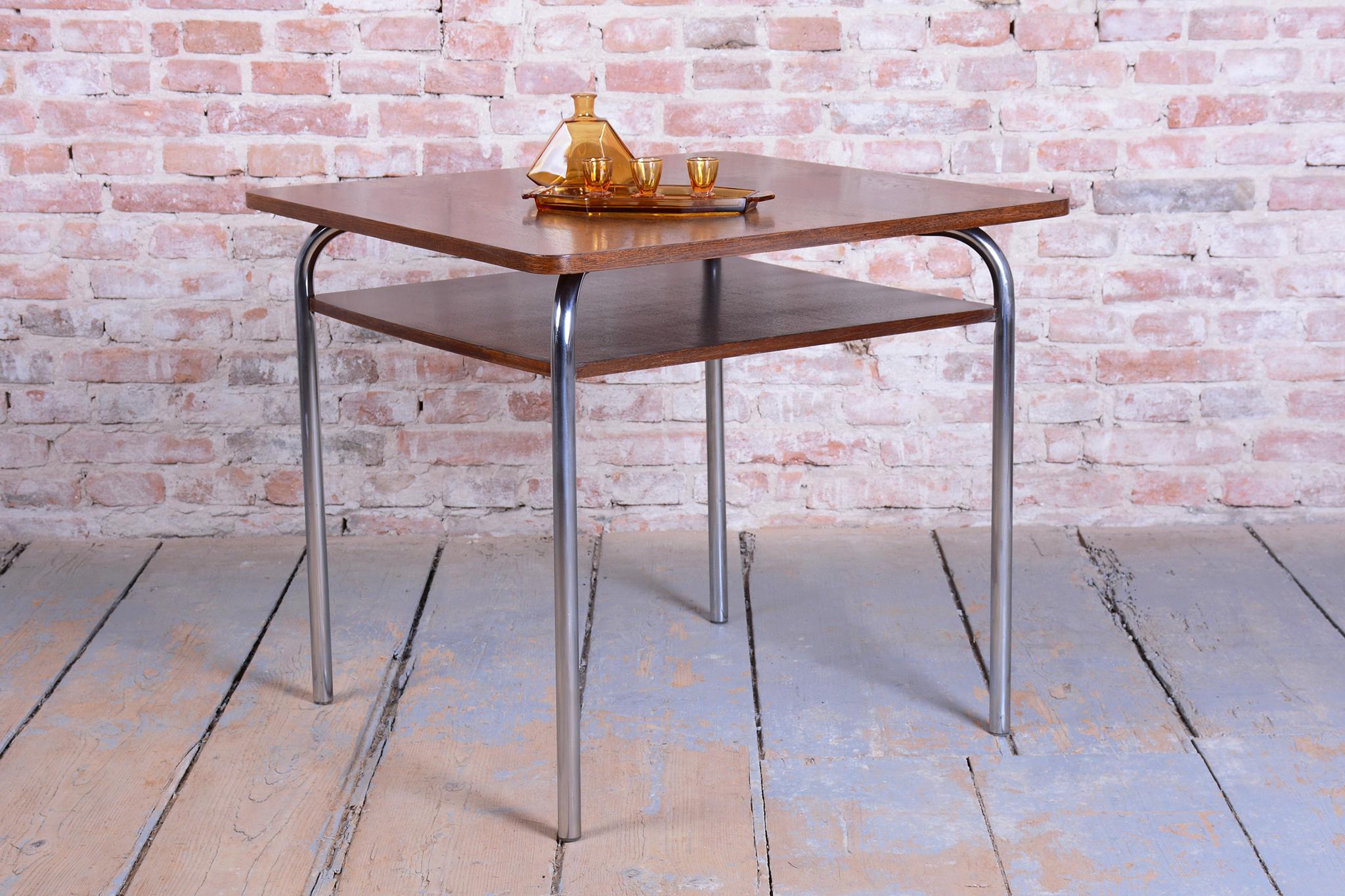 Restored Bauhaus Table, by Vichr a spol., Oak, Chrome, Polished, Czech, 1940s im Angebot 9