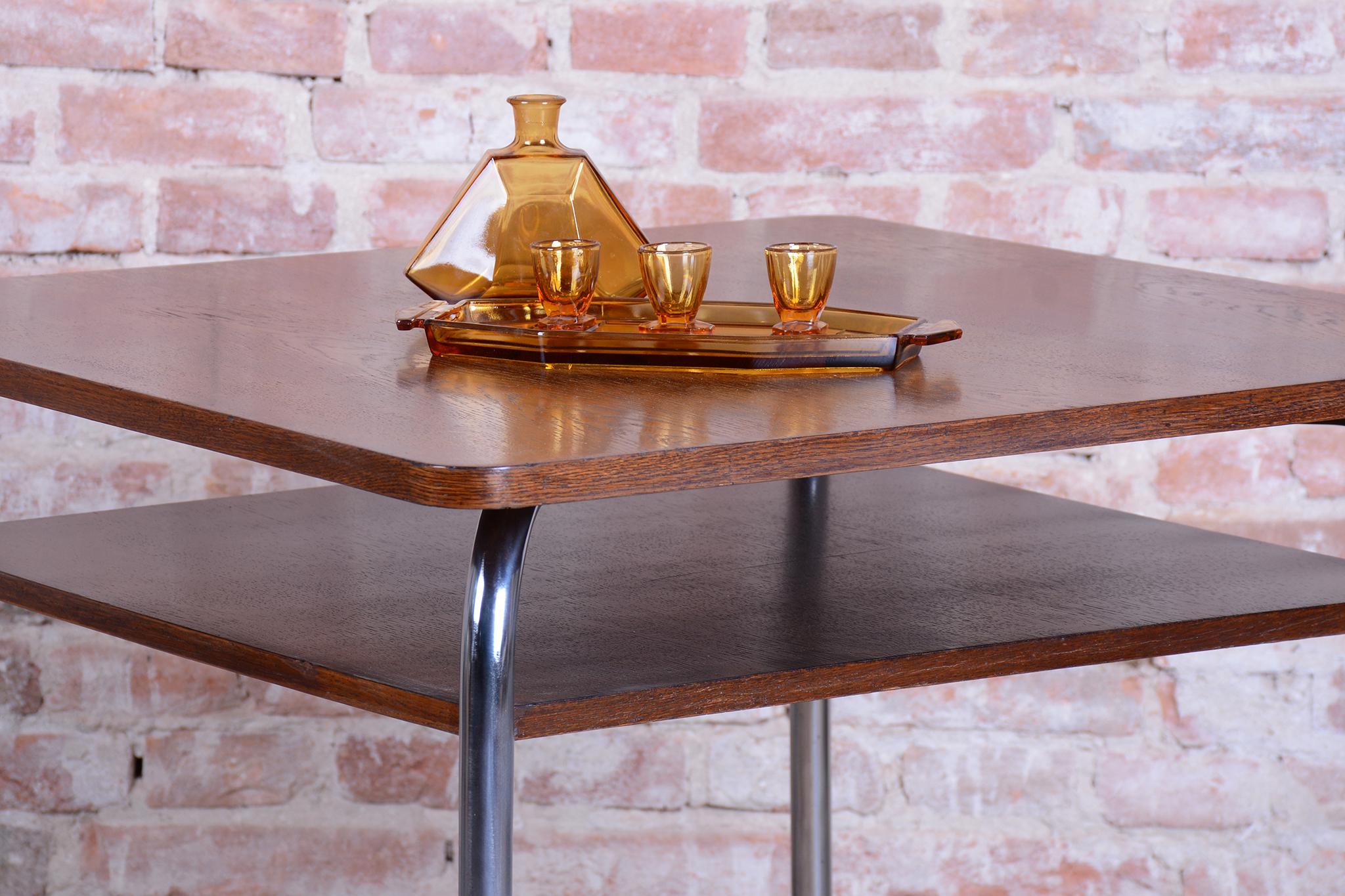 Restored Bauhaus Table, by Vichr a spol., Oak, Chrome, Polished, Czech, 1940s im Angebot 10