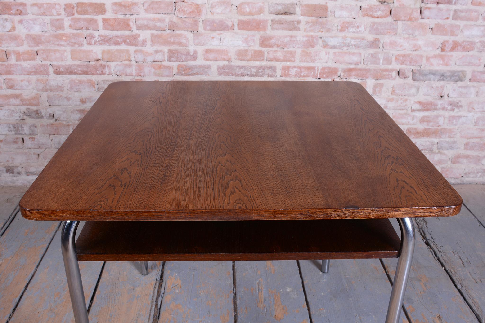 Restored Bauhaus Table, by Vichr a spol., Oak, Chrome, Polished, Czech, 1940s (Stahl) im Angebot