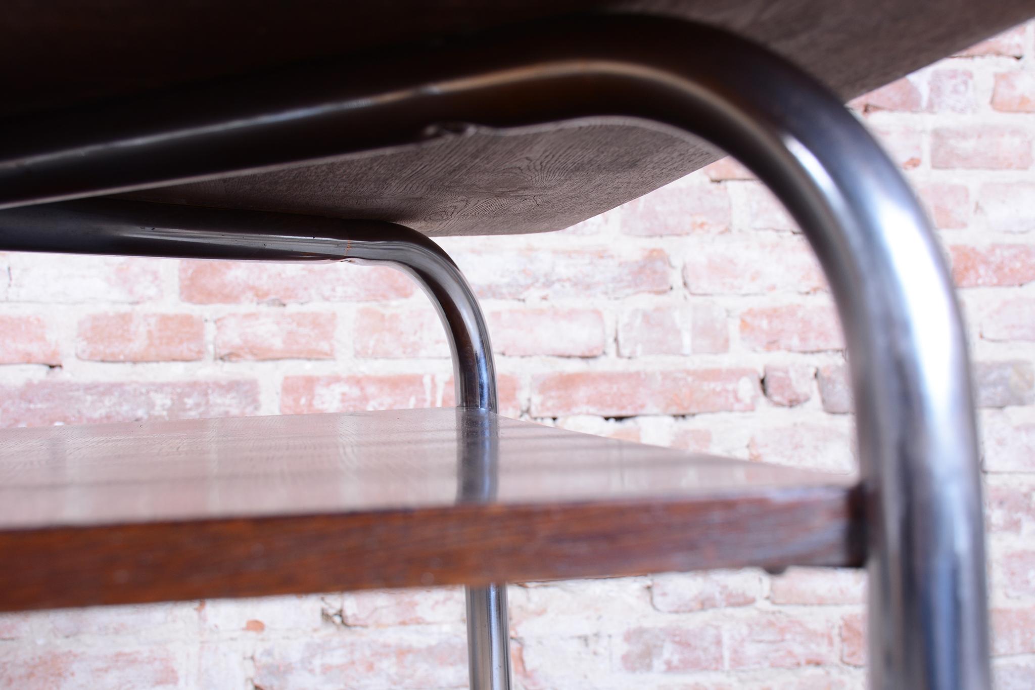 Restored Bauhaus Table, by Vichr a spol., Oak, Chrome, Polished, Czech, 1940s im Angebot 3