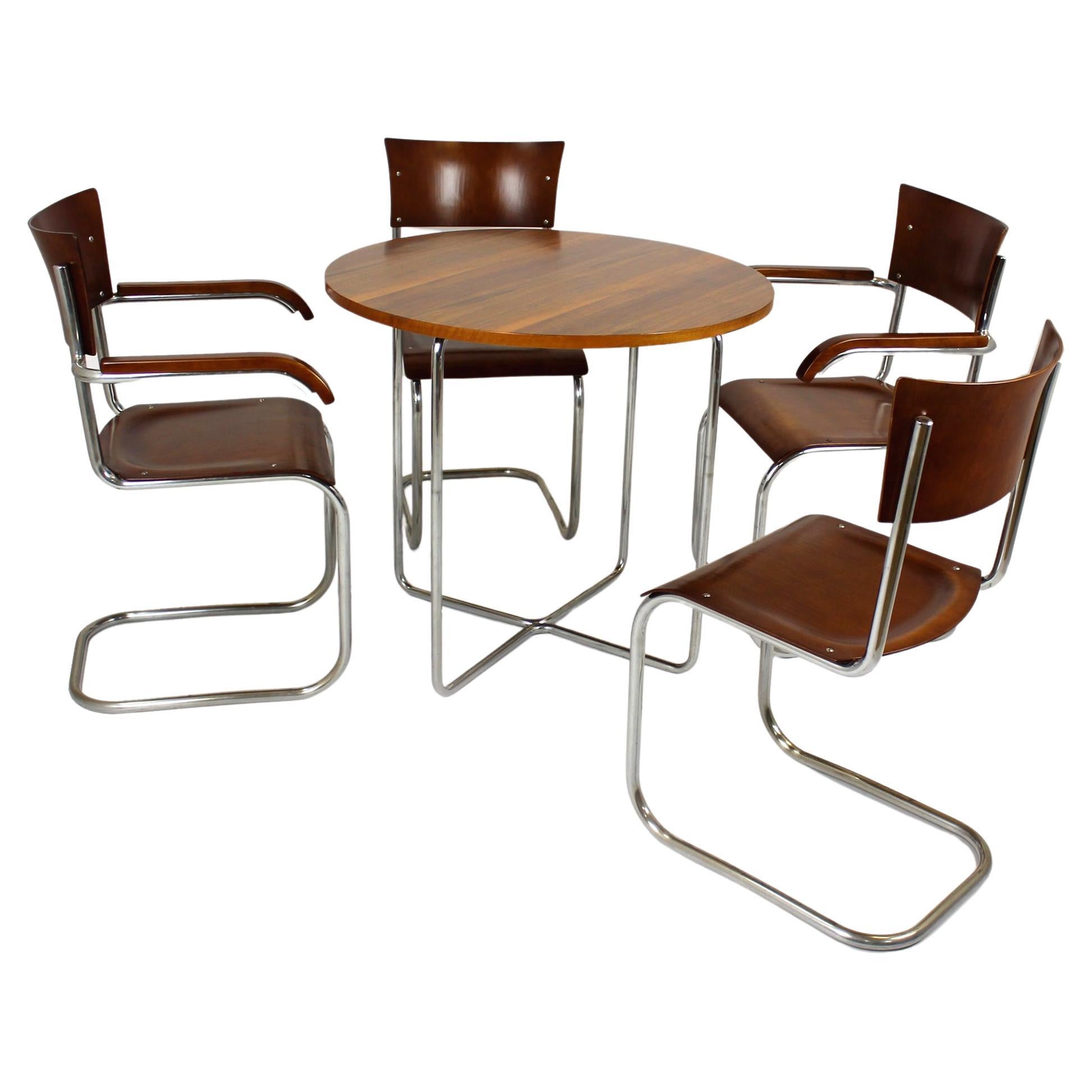 Restored Bauhaus Tubular Steel Set, Round Table and Four Chairs by Mart Stam, 19