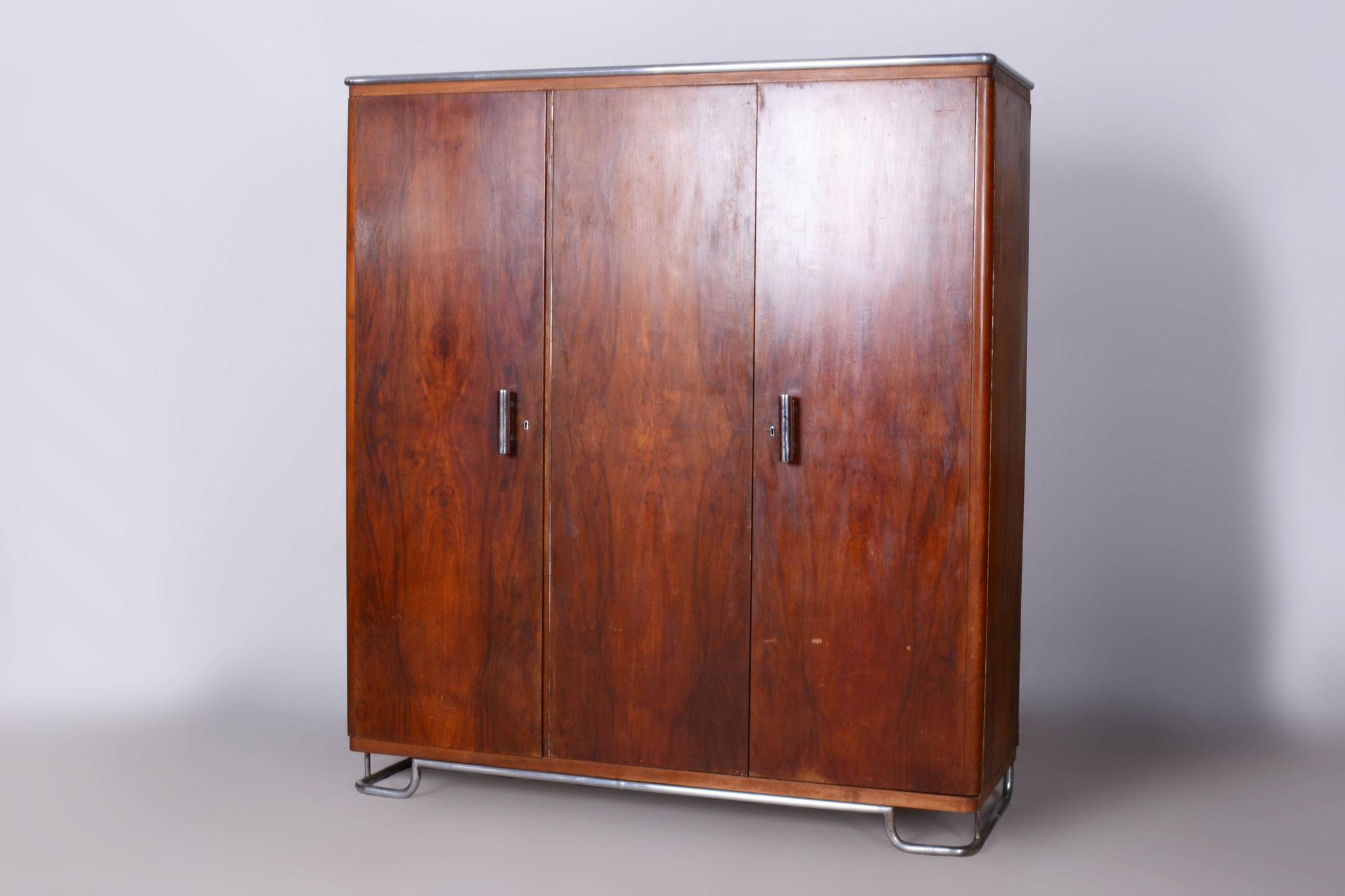 20th Century Restored Bauhaus Wardrobe, by Hynek Gottwald, Walnut, Chrome, Czech, 1930s For Sale