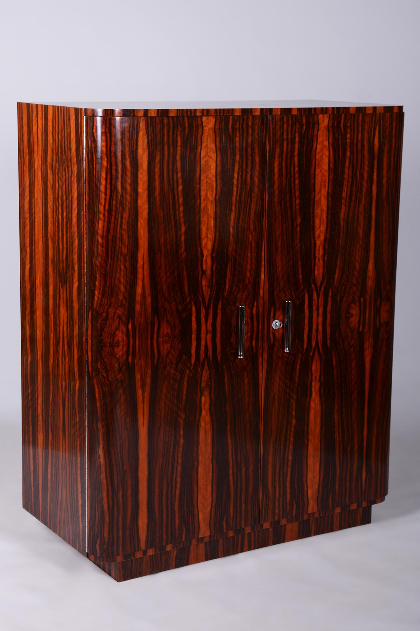 Cette exceptionnelle armoire Art déco avec des éléments fonctionnalistes provient de Tchécoslovaquie dans les années 1920. Il témoigne d'un savoir-faire précis et de l'utilisation de matériaux luxueux.

Le corps de l'armoire est fabriqué à partir de