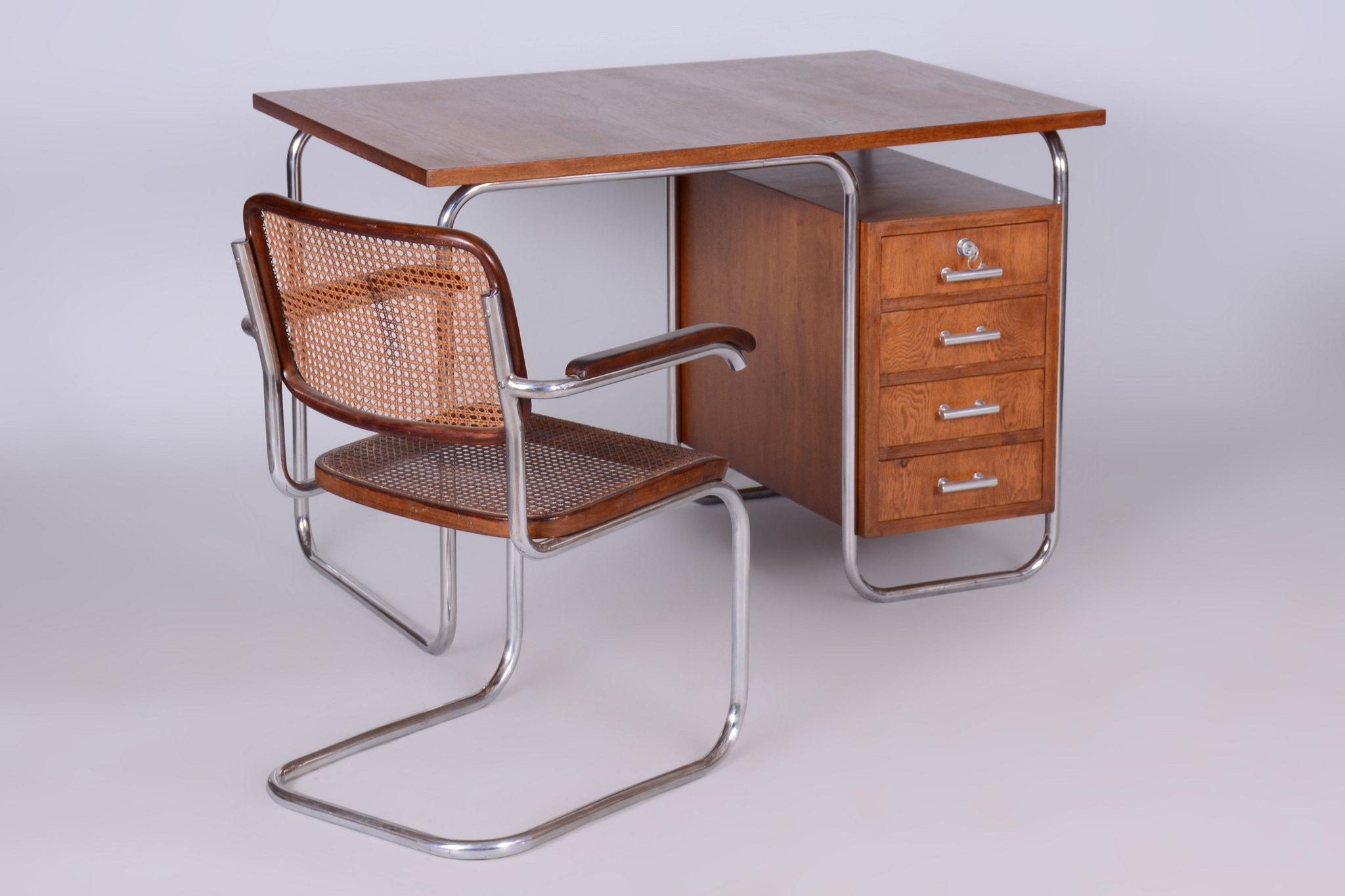 Restored Bauhaus Writing Desk, by Kovona, Oak, Chrome, Czech, 1950s 5