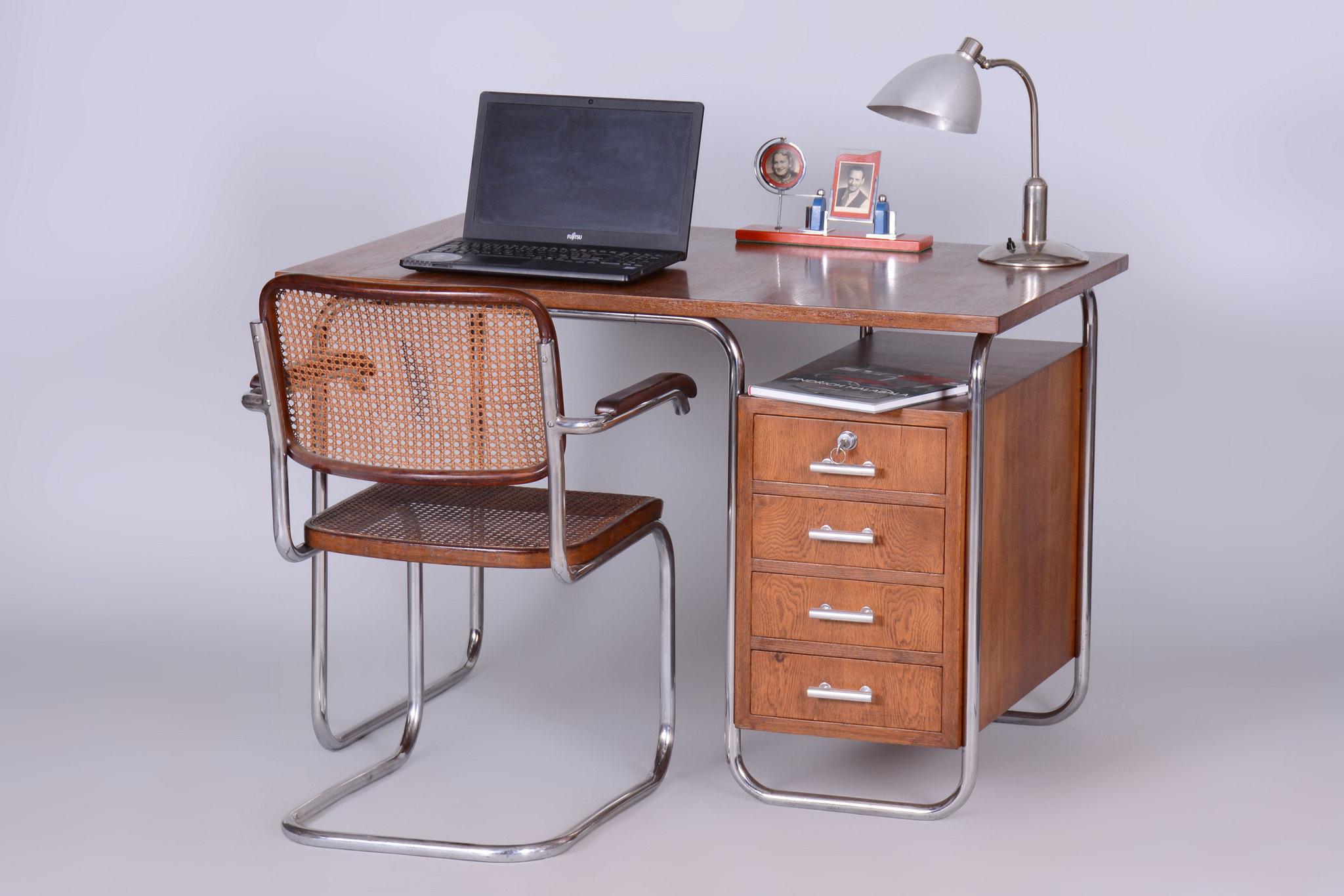 Restored Bauhaus Writing Desk, by Kovona, Oak, Chrome, Czech, 1950s 6