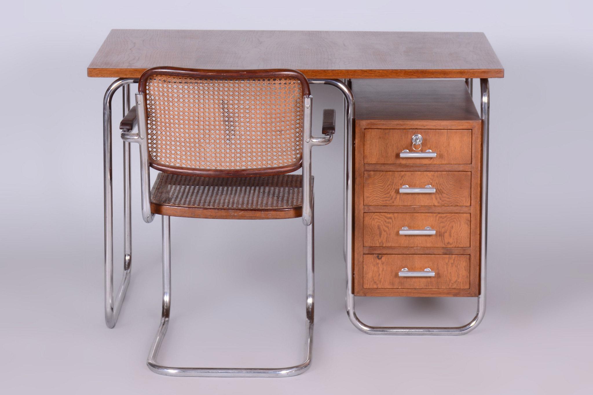 20th Century Restored Bauhaus Writing Desk, by Kovona, Oak, Chrome, Czech, 1950s