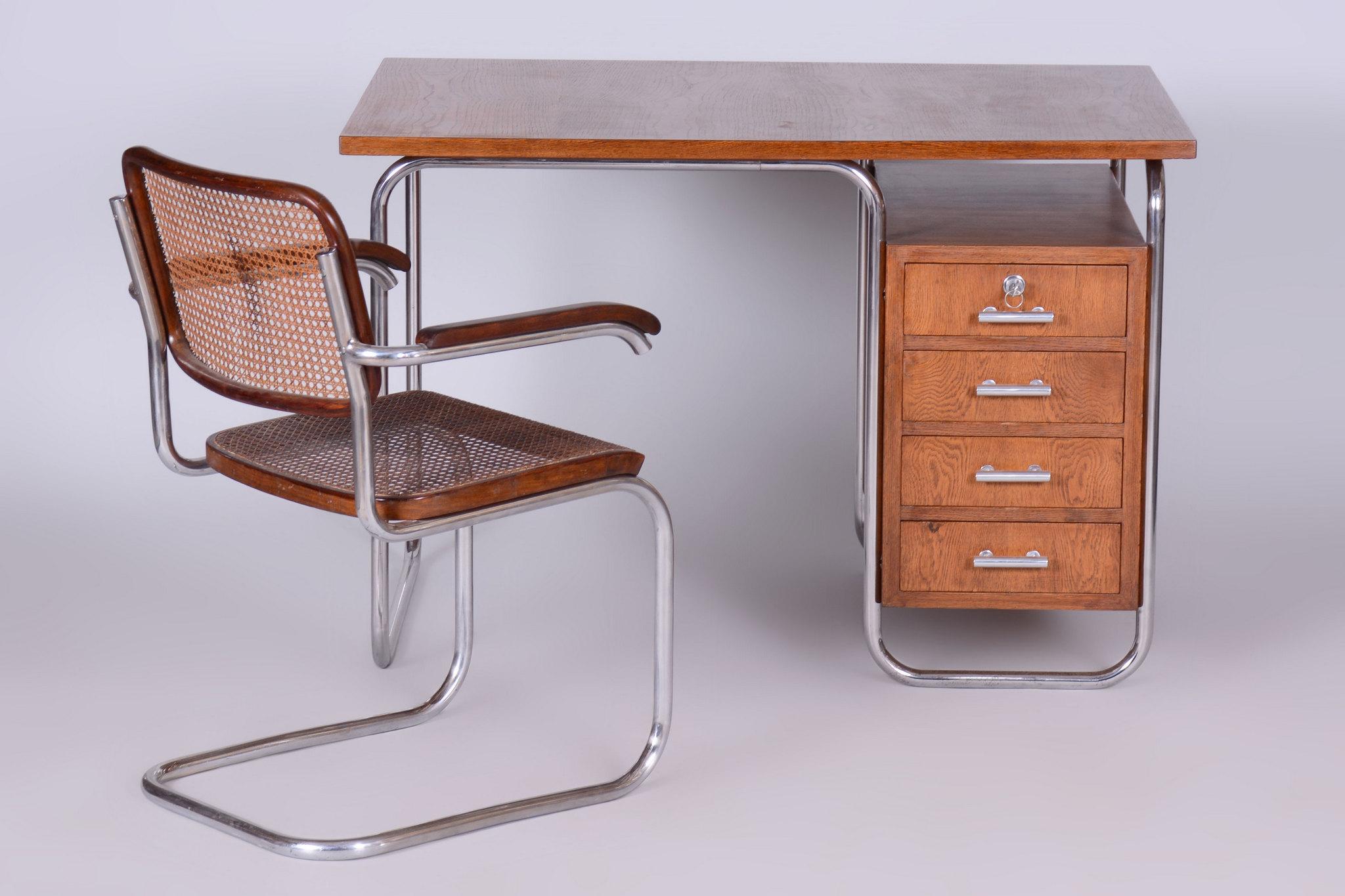Restored Bauhaus Writing Desk, by Kovona, Oak, Chrome, Czech, 1950s 1