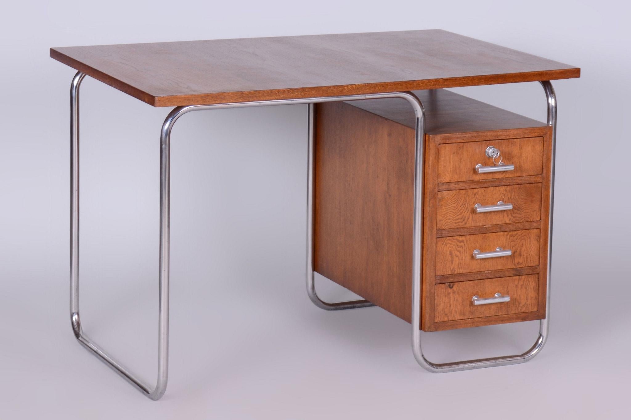 Restored Bauhaus Writing Desk, by Kovona, Oak, Chrome, Czech, 1950s 2