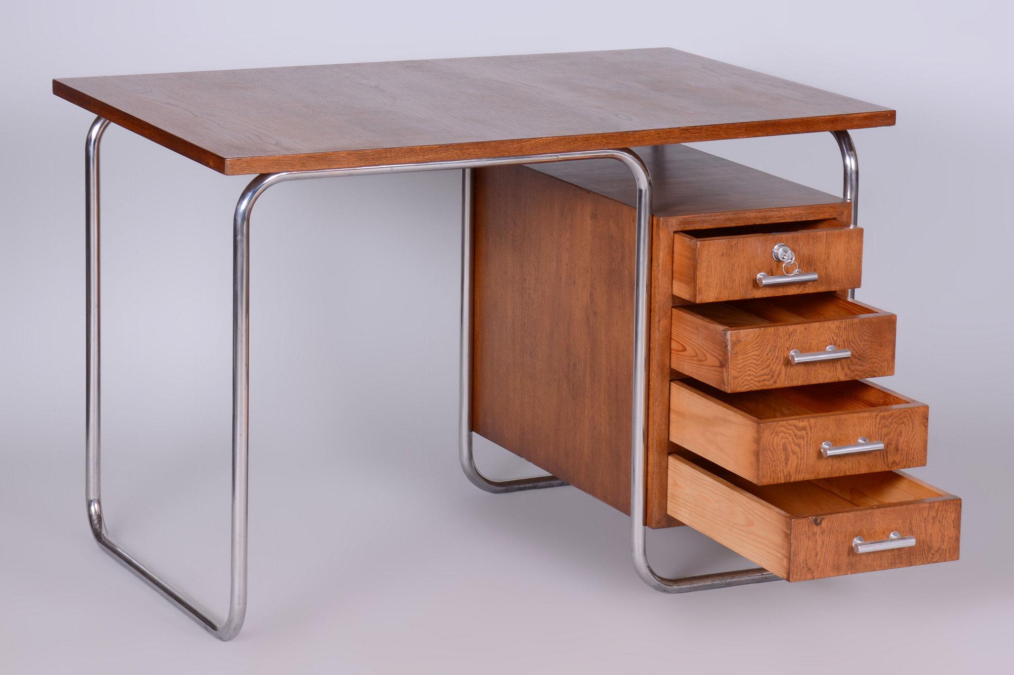 Restored Bauhaus Writing Desk, by Kovona, Oak, Chrome, Czech, 1950s 3