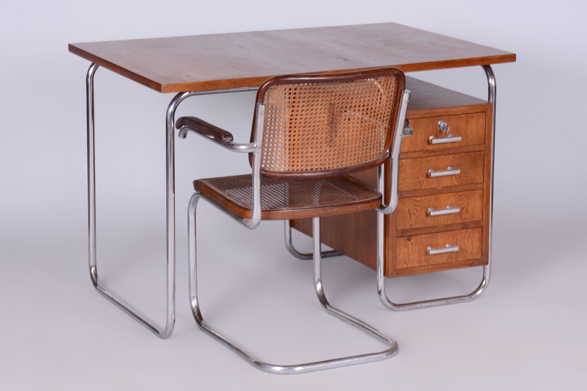 Restored Bauhaus Writing Desk, by Kovona, Oak, Chrome, Czech, 1950s 4
