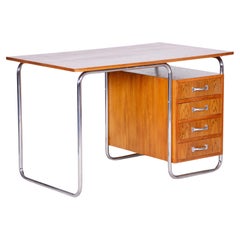 Restored Bauhaus Writing Desk, by Kovona, Oak, Chrome, Czech, 1950s