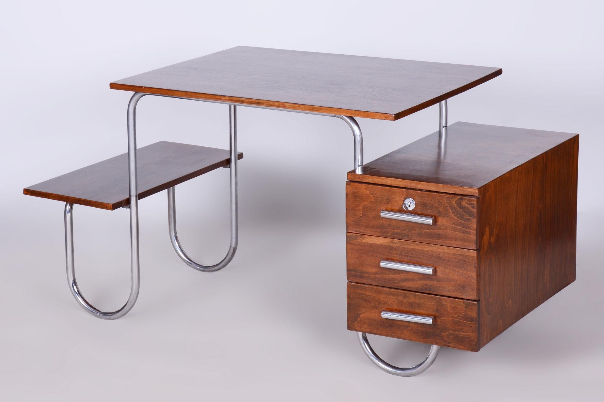 Restored Bauhaus Writing Desk, by Robert Slezak, Beech, Chrome, Czech, 1930s For Sale 6